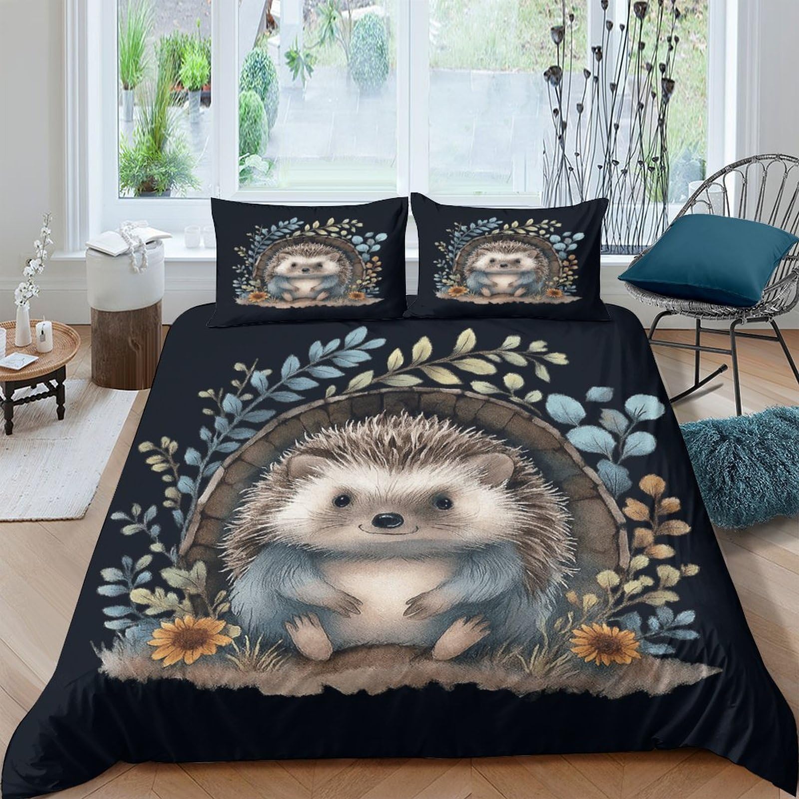 Ctjqhvkz Style-7 3D Printed Hedgehog Floral Fitted Sheet Microfiber Soft Breathable Woodland Sunflower Bed Cover For Bedroom Guestroom Decor Single（135X200cm）