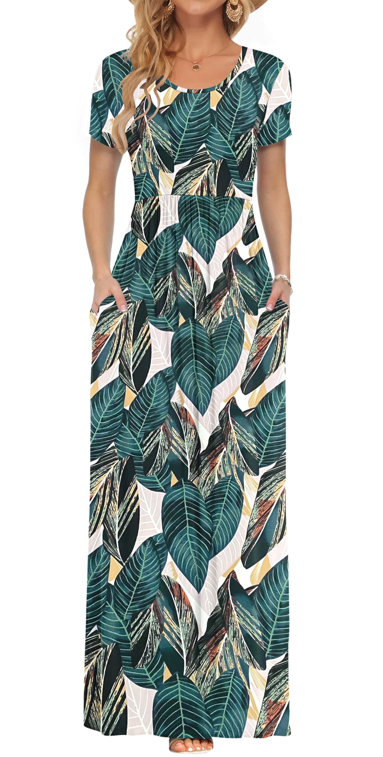 AUSELILY Damen Kurzarm Sommer Casual Long Maxi Kleider mit Taschen