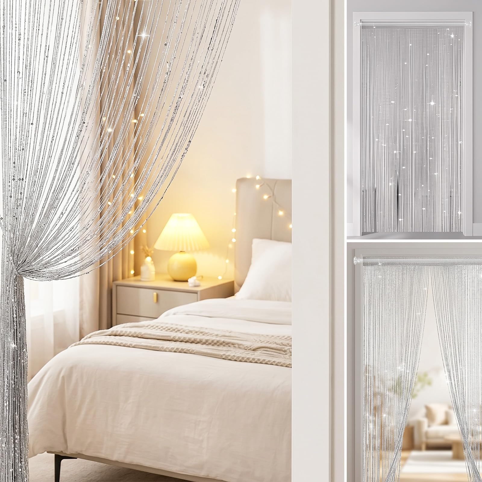 MeYuxg 4 Tenda per Porta con Frange Glitter,100 x 200cm Pannello Tenda a Fili,Effetto Cascata di Rugiada,Divisorio per Camere,per matrimoni, feste,Finestre, Decorazione (Bianco)