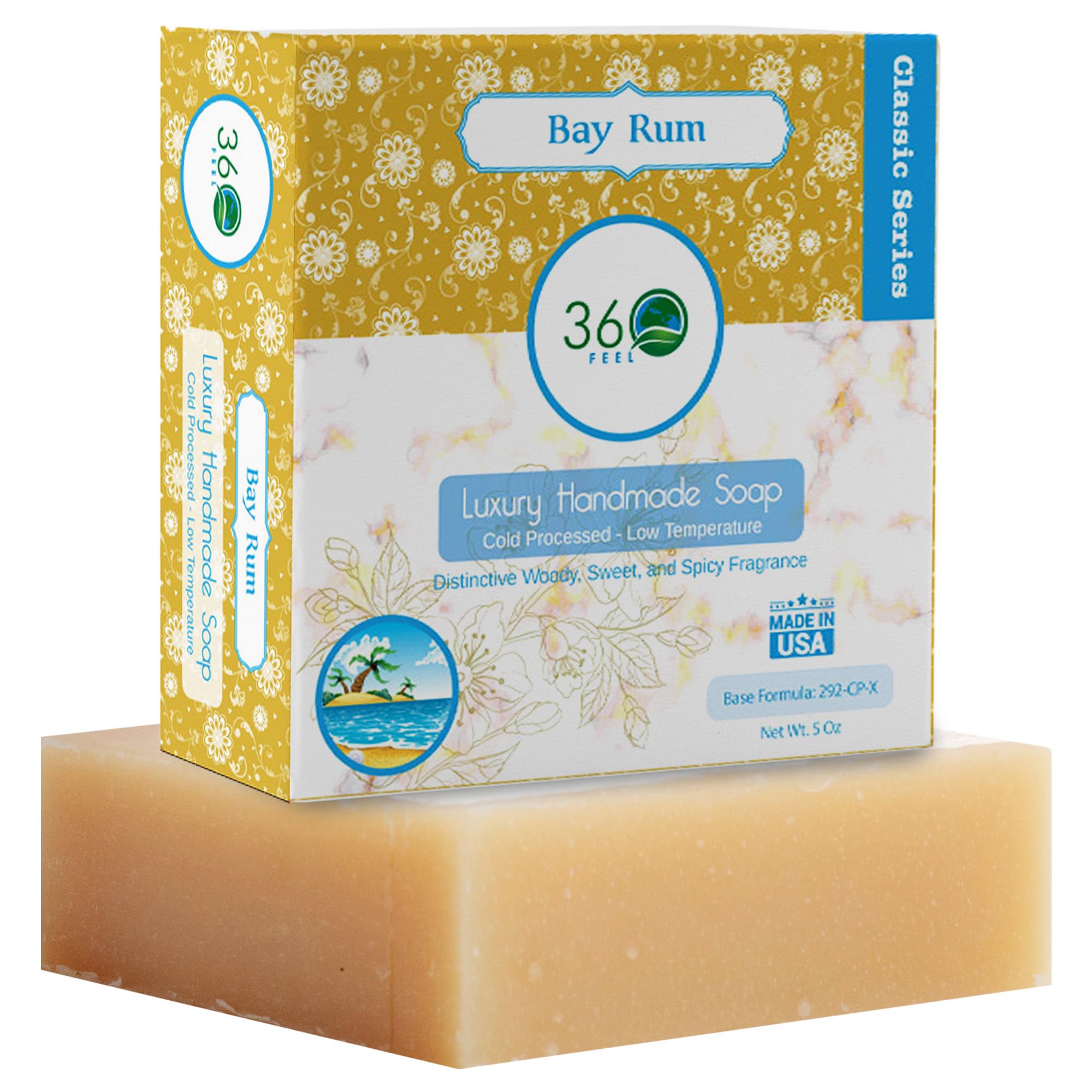 360Feel Bay Rum Bar Soap - Made in the USA - Castile Handmade, All-Natural, Cold-Processed - Bay Rum Essential Oil - Moisturizing with a Spicy Scent - Calm - Rich, Creamy Lather - (5oz)
