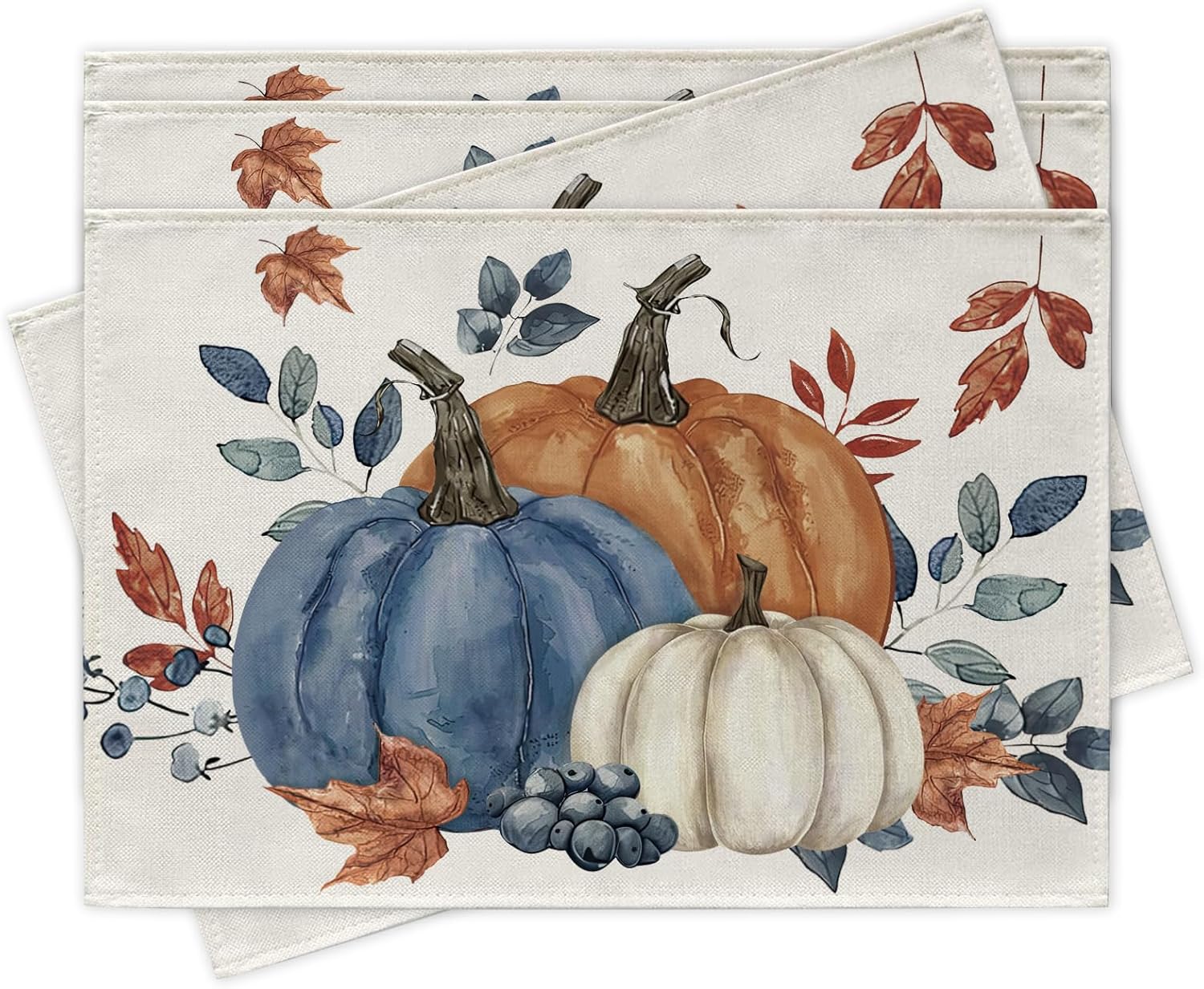 Croar Fall Blue White Pumpkin Placemats Set of 4, Autumn