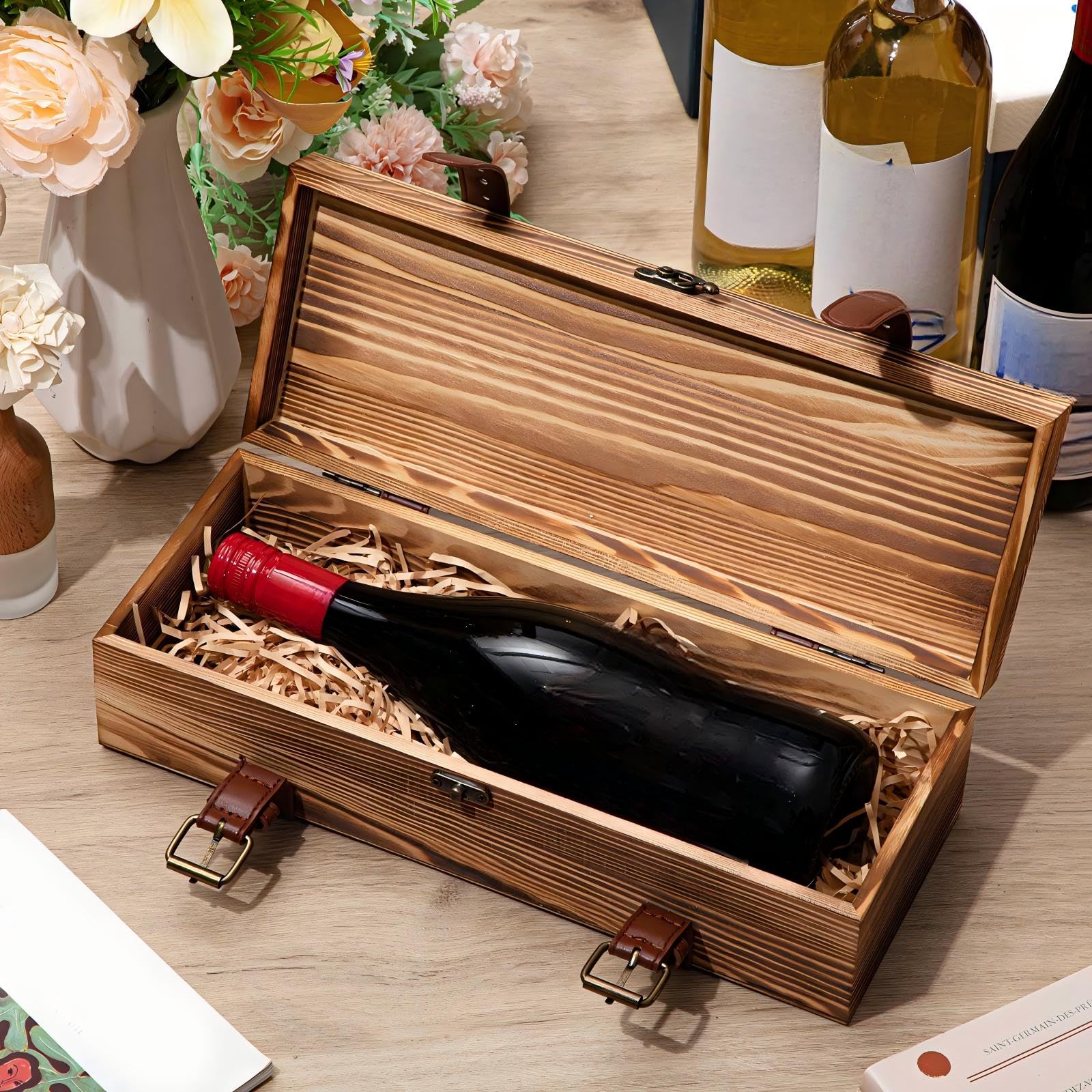 Briwooody Wein-Geschenkbox aus Holz, rustikale braune Weinboxen für Geschenke, Einzelflaschenhalter mit Lederschnallenriemen und Verriegelungsriegel, für Valentinstag, Geburtstag, Hochzeit, Champagner