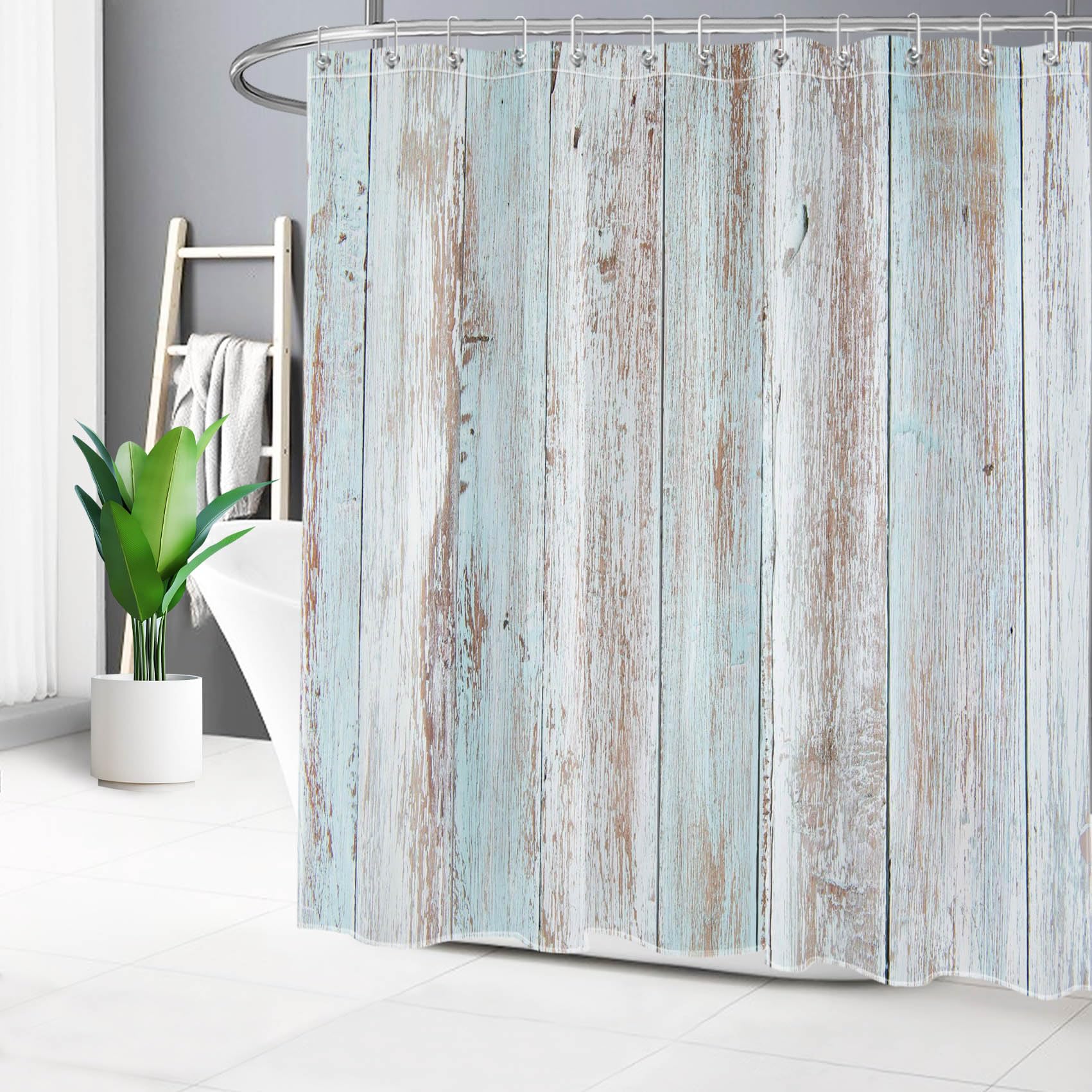 EOBTAIN Vintage Wood Barn Shower Curtain for Bathroom Old Teal and Grey Vertical Wooden Plank Shower Curtain with 12 Hooks Rustic Farmhouse Bathroom