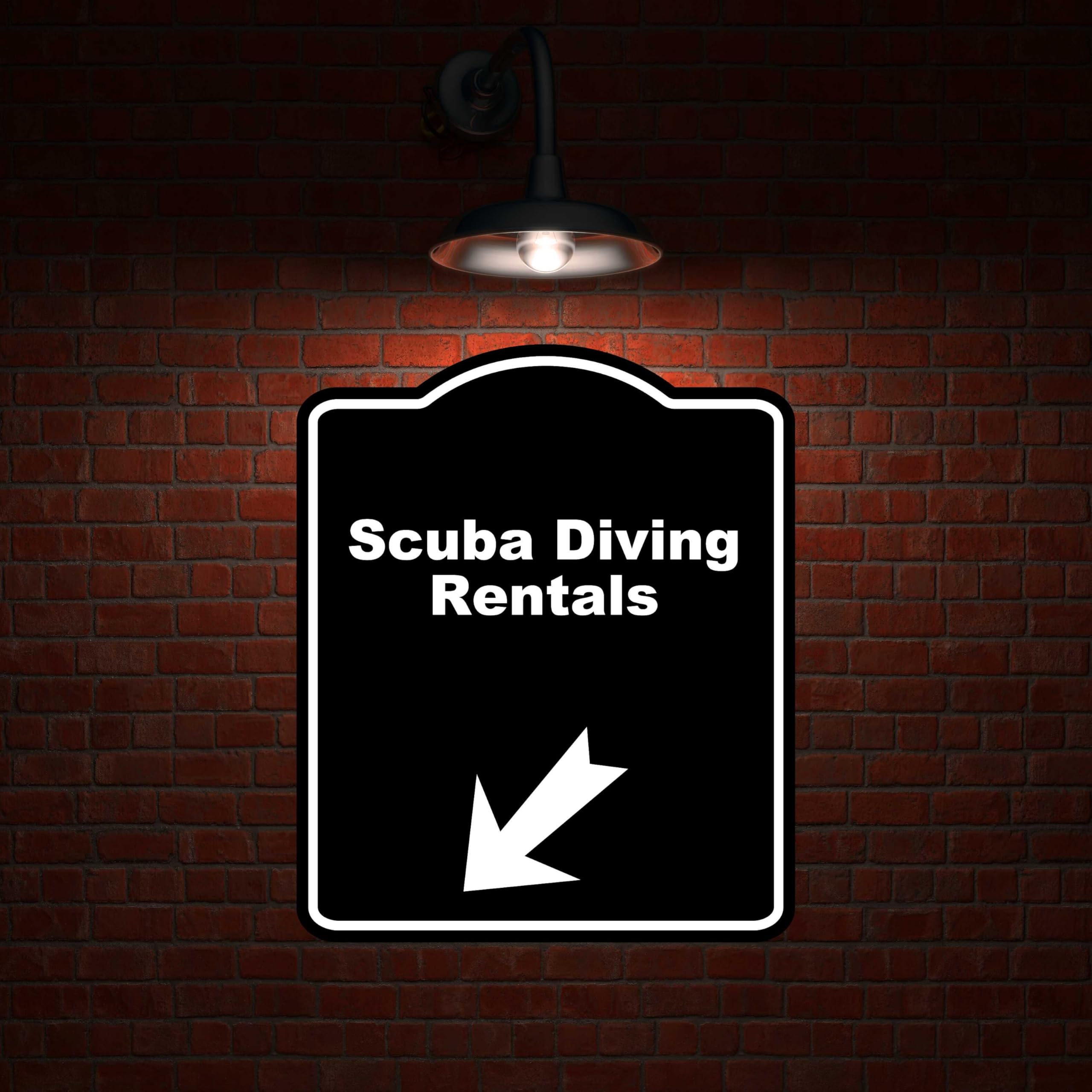 Scuba Diving Rentals Black Sign Arrow Down Left Aluminum Composite Sign 15 x 18 inches