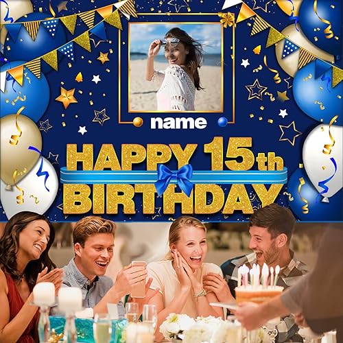 Miniatura 5 de Pancarta de decoración de feliz cumpleaños número 15  Fondo de decoración de cumpleaños de 15 años para mujeres, hombres, niños y niñas  Suministros