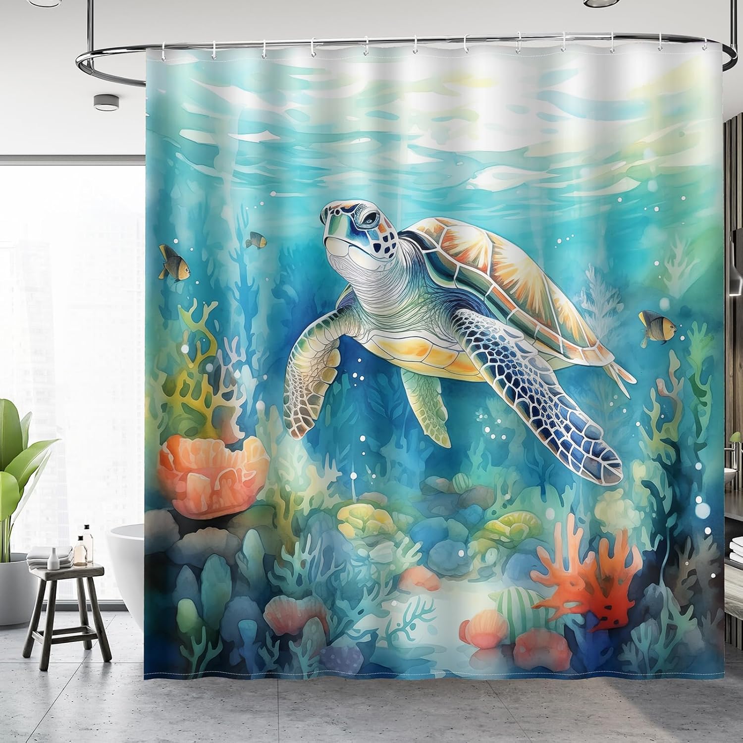 Aimego Extra Long Shower Curtain - Sea Turtle Nautical Summer Teal Blue Ocean Tropical Fish Coral Fabric Cloth Shower Curtain Set with 12 Hooks for Bathroom Decor Bathtub Curtain , 72"x84"