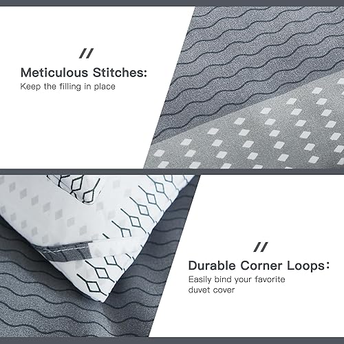 Miniatura 6 de Litanika Juego de edredón de tamaño King, color gris claro, juego de edredón ligero de 3 piezas, color gris y blanco, a rayas, esponjoso, para todas