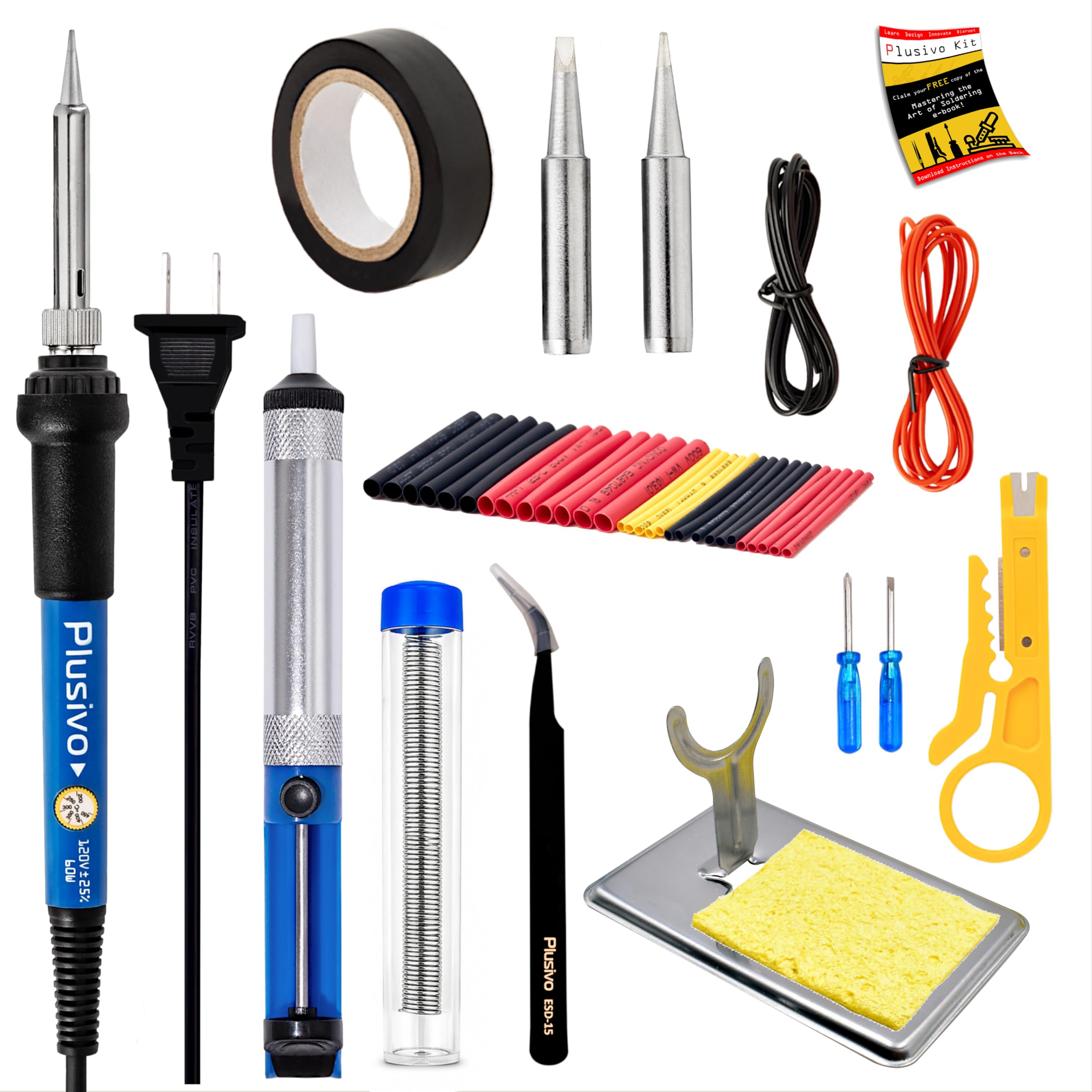 Plusivo Soldering Iron Kit – 60W Adjustable Temperature, 2pcs Replaceable Tips, Solder Wire, Desoldering Pump10+ Accessories – Fast Heating, Ideal for PCB Electronics Repair Hobby DIY 120V US Plug