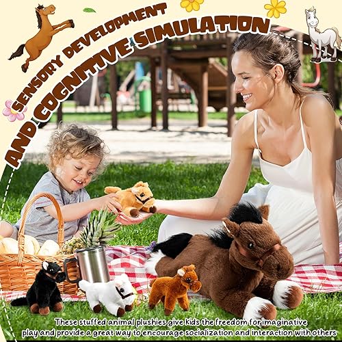 Miniatura 5 de Lenwen 5 piezas de animales de peluche grandes, mamá caballo de peluche con 4 bebés en cremallera para nutrir el vientre, juego de juguetes para