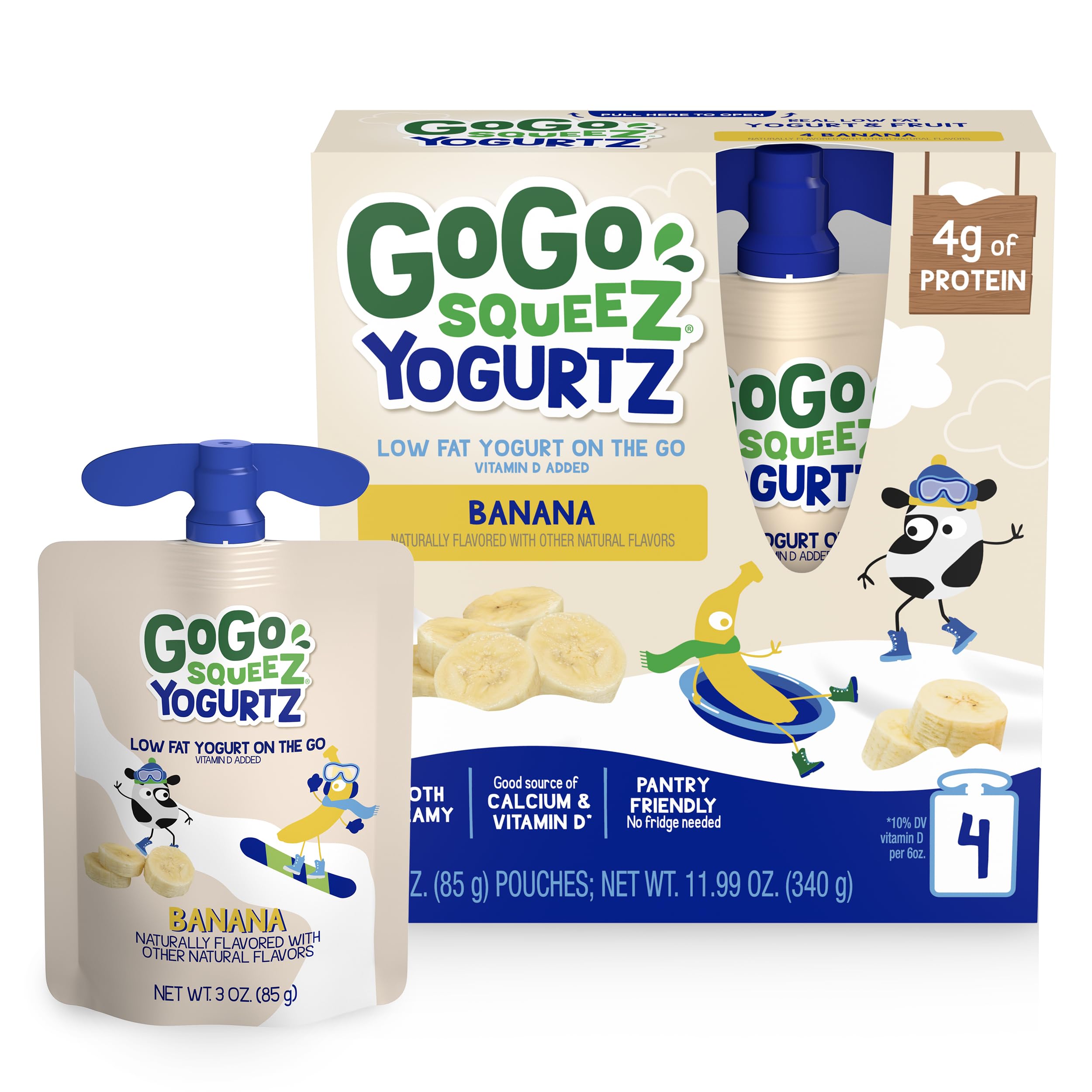 GoGo squeeZ yogurtZ Banana, 3 oz (Pack of 4), Kids Snacks Made from Real Yogurt and Fruit, Pantry Friendly, No Fridge Needed, Gluten Free and Nut Free, Recloseable Cap, BPA Free Pouches