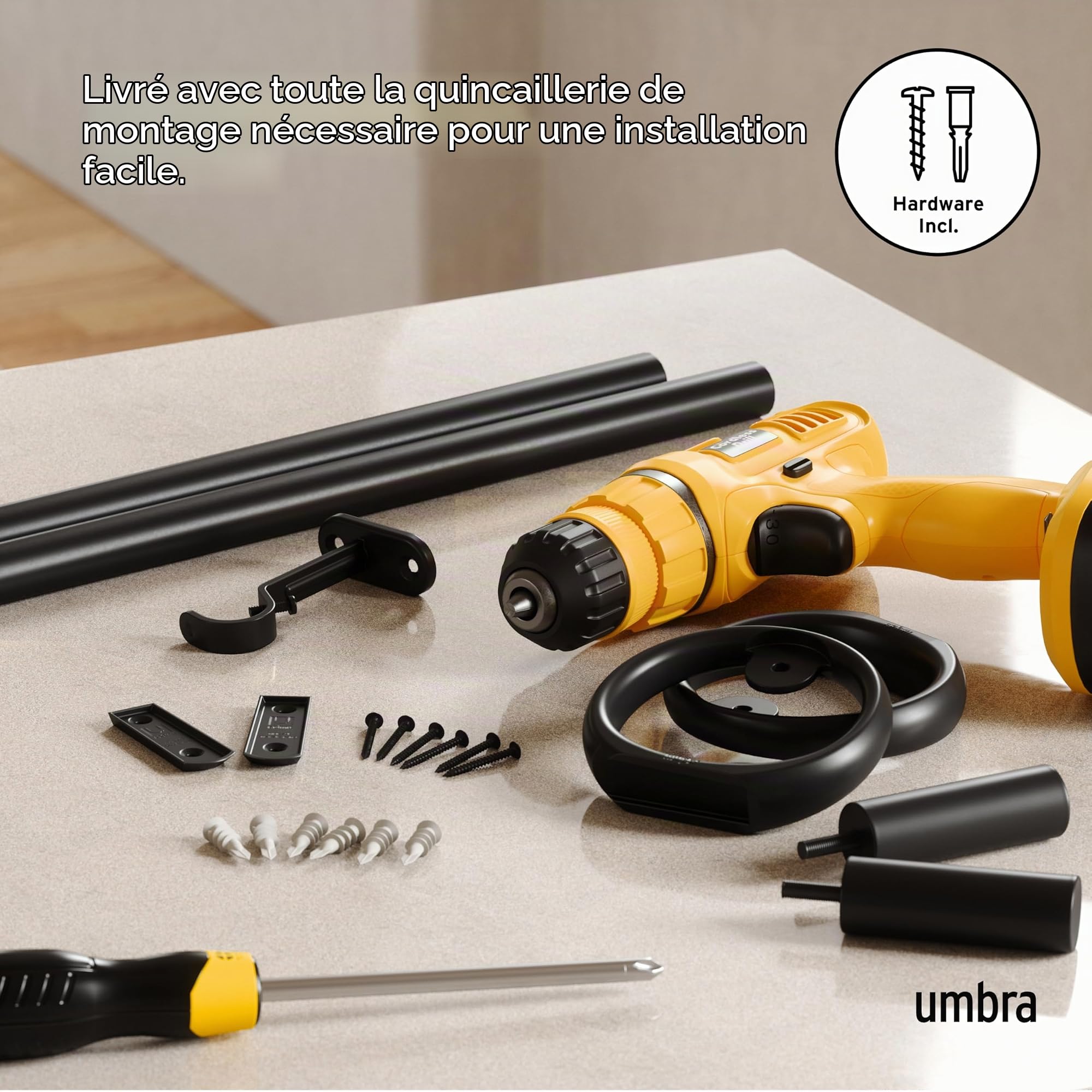 Umbra Ringlet Tringle à Rideaux Extensible, 2,5cm, 107-305 cm, 2 Embouts, Supports Muraux et Matériel De Fixation Inclus, Noir mat