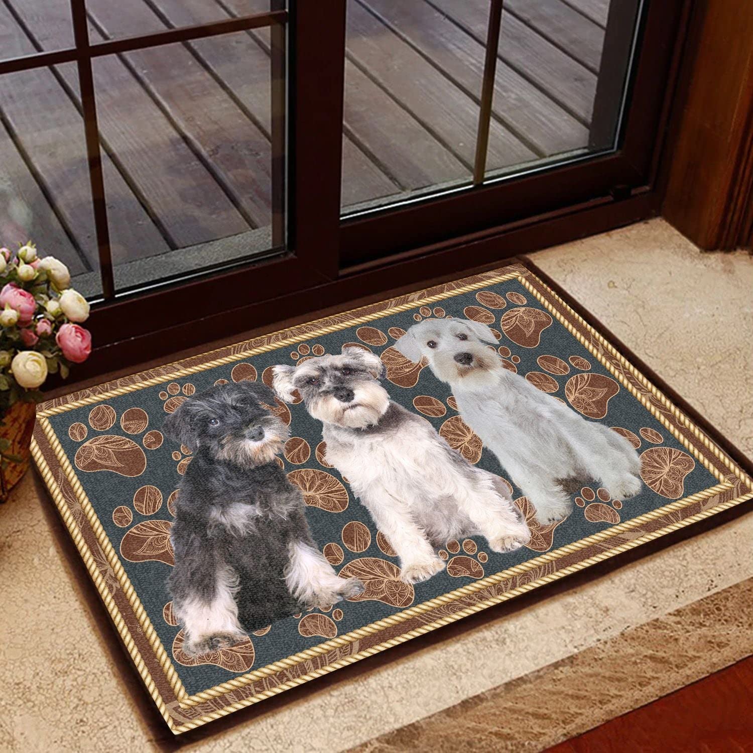 Felpudo Entrada casa Felpudo de Perro Schnauzer Miniatura con Pata de Flor, Felpudo Decorativo de Bienvenida para Amantes de los Perros Schnauzer Miniatura Decoracion Hogar, TTha-2596