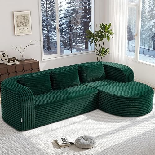 Hobestluk 96" Cloud Sectional Couch Modern Boneless Couch 3 Seater with Oversized Chaise L Shaped Modular Sofa Couches for Living Room Apartment No Assembly Required (Stripe Green,Right Facing Chaise)