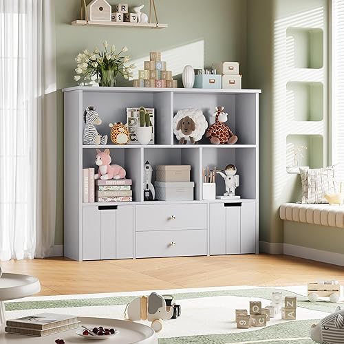 Miniatura 3 de FOTOSOK Organizador de almacenamiento de juguetes con 4 cajones, organizadores de juguetes y almacenamiento con ruedas ocultas y 5 cubos de