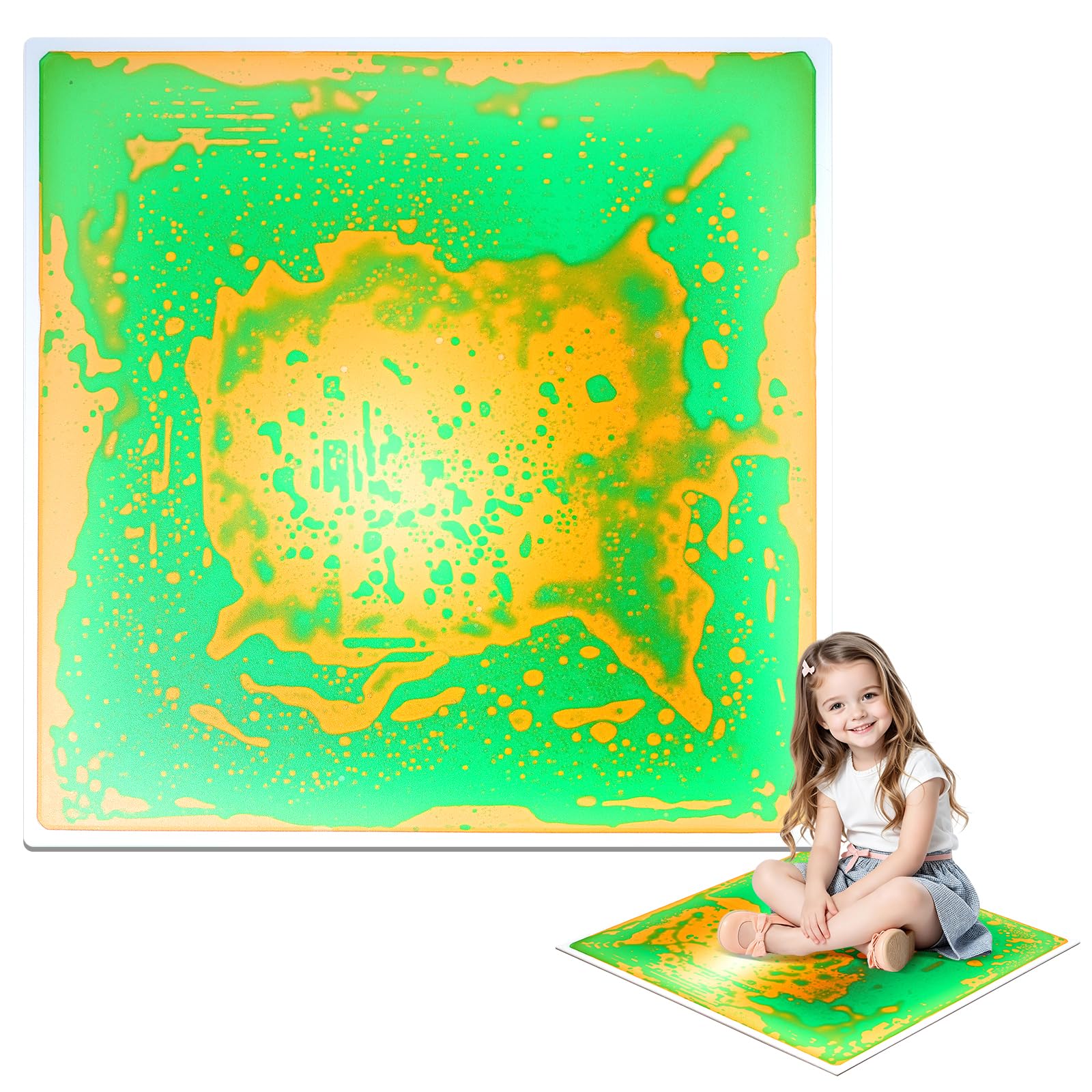Grand tapis sensoriel liquide 50 x 50 cm, vert/jaune avec surface givrée, certifié CE/EN71, jouet sensoriel pour autisme et maternelle (1, vert-jaune)