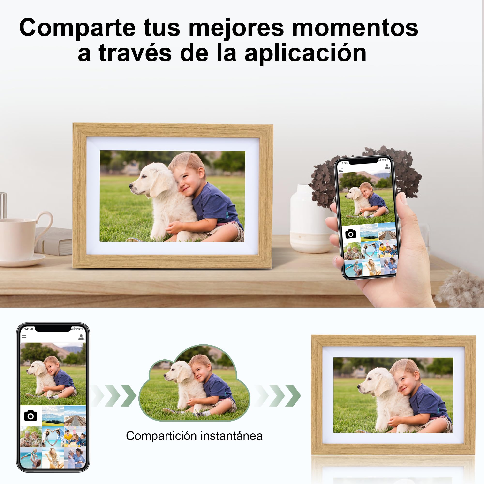 Veidoo Marco de Foto Digital WiFi, Pantalla Táctil de 10 Pulgadas, 32 GB Memoria, Rotación Automática, Música/Video/Calendario/Reloj, Fotos y Videos a través Frameo, Regalo para la Familia(Burlywood)