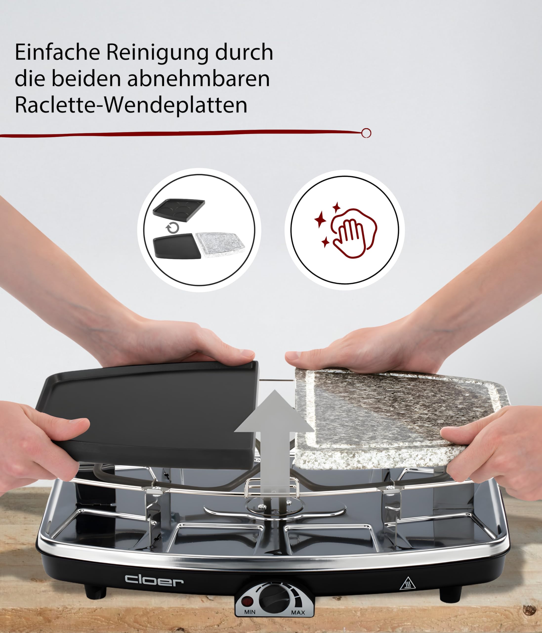 Cloer 6435 Raclette mit Naturstein 1200 W 8 antihaftbeschichtete Raclettepfännchen