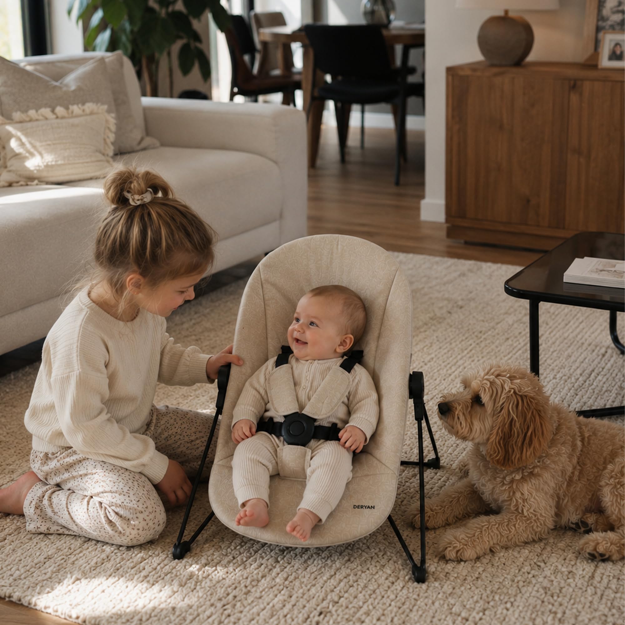DERYAN Odin - Trona de madera para niños a partir de 0 meses hasta 85 kg - Incluye arnés de 5 puntos, correa de entrepierna, barra protectora - Compatible con muchos accesorios - Marrón/Turrón