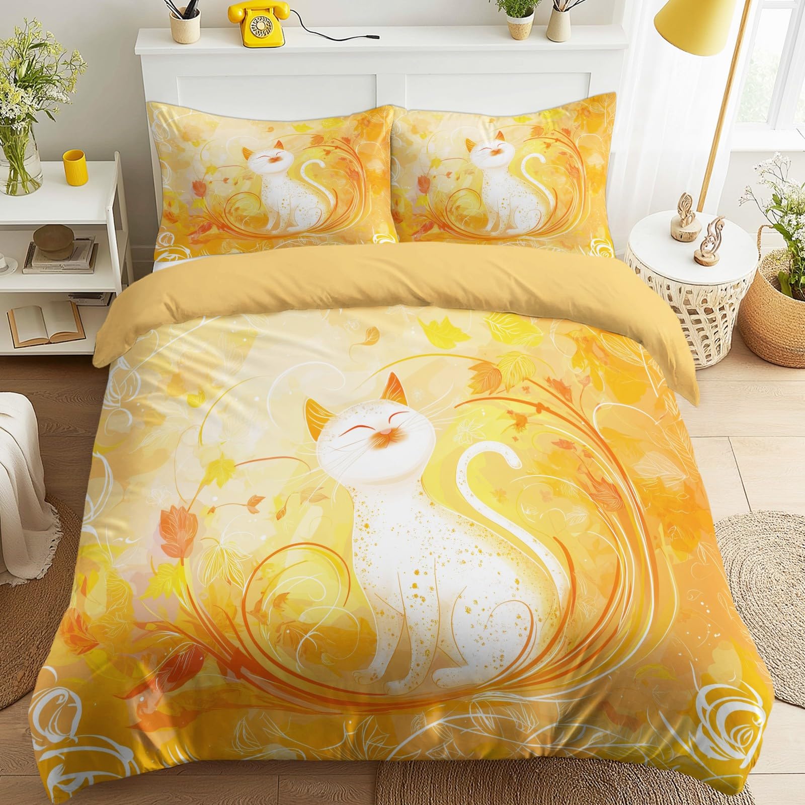 Parure de lit pour adulte dégradé jaune et animal féerique pour chambre moderne
