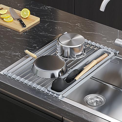 SINOART Estante de secado de platos enrollable para fregadero de cocina estante de secado de platos portátil SUS304 de acero inoxidable extendido 13