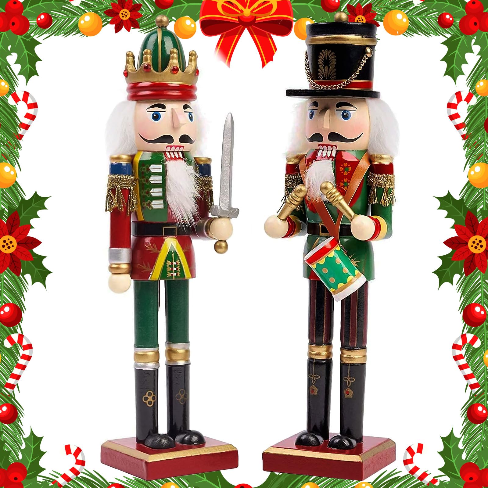 Schiaccianoci di Natale 2 Pezzi Schiaccianoci Natalizi Soldatino Tradizionale in Legno Fatto a Mano,30cm Soldatini di Legno Decorazioni,Soldatini Decorazioni Ideali per Albero di Natale