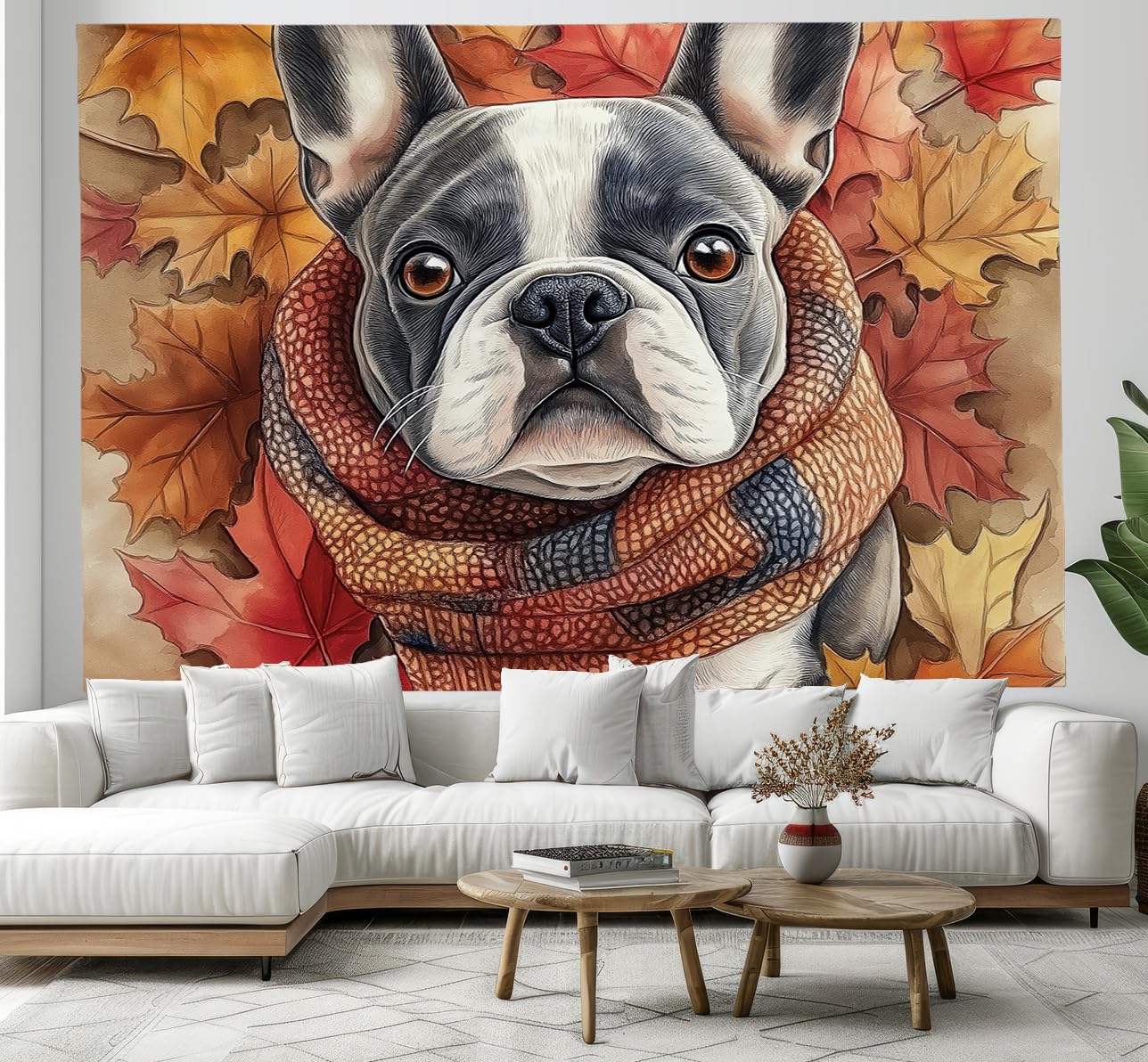 Tapiz de bulldog en otoño para decorar el dormitorio con un toque cálido y acogedor 8