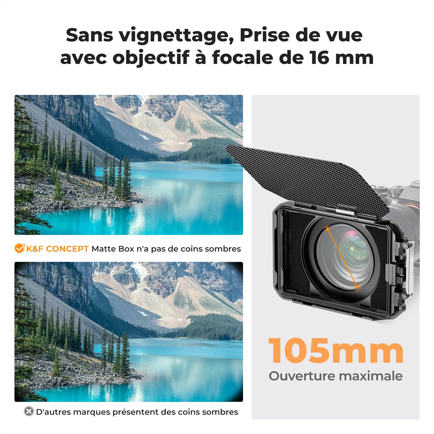 K&F Concept Matte Box Carbone et 5 Bagues Adaptateurs 67/72/77/82/95mm et Cadre de Filtre Carré de 4x5.65