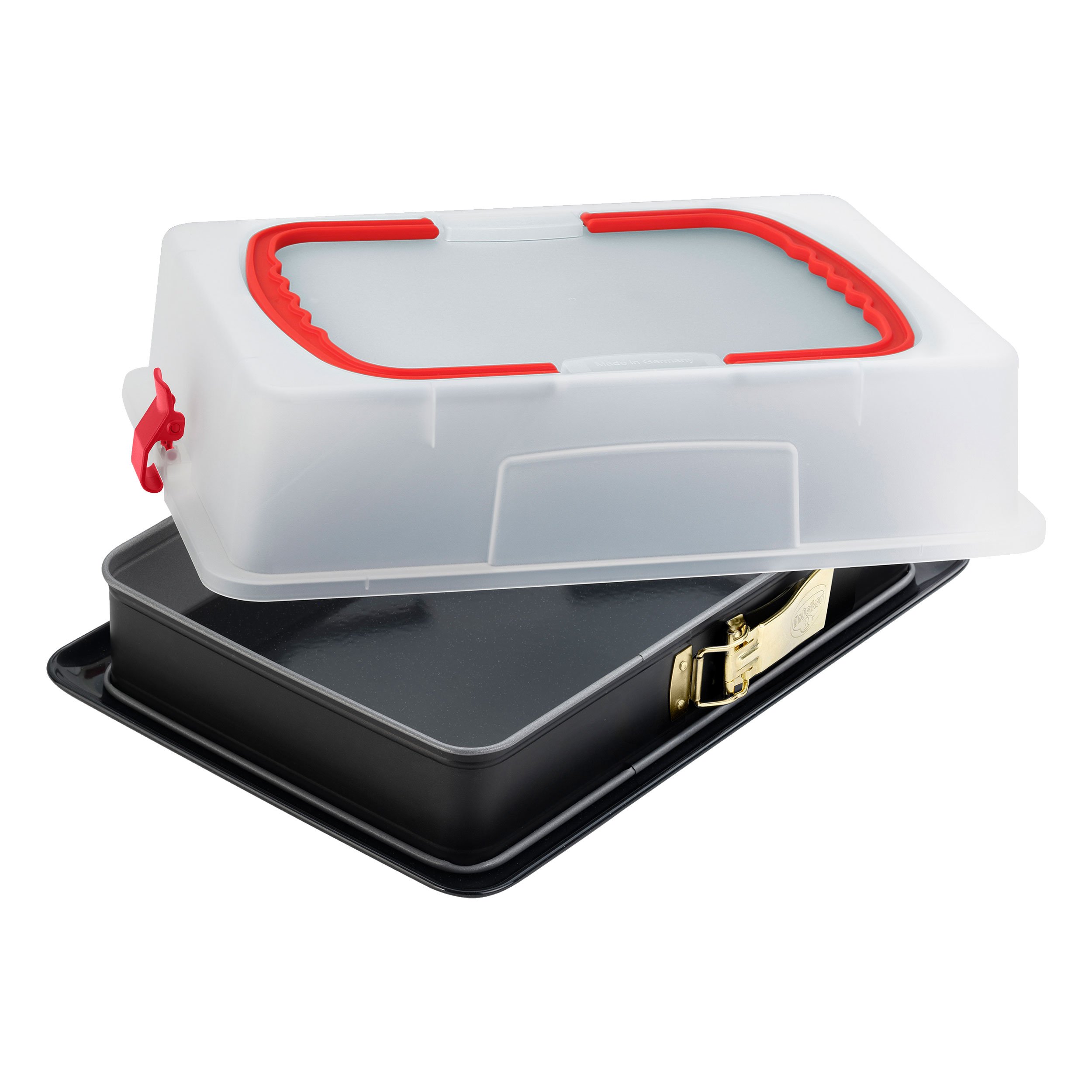 Dr. Oetker Rechteck-Springform mit Haube 38 x 25 cm Emaille, eckiges Kuchenblech, 1 Stück & Bake & Go Springform Ø 26 cm mit Transporthaube Kuchentransportbox mit Antihafteigenschaften, 1 Stück