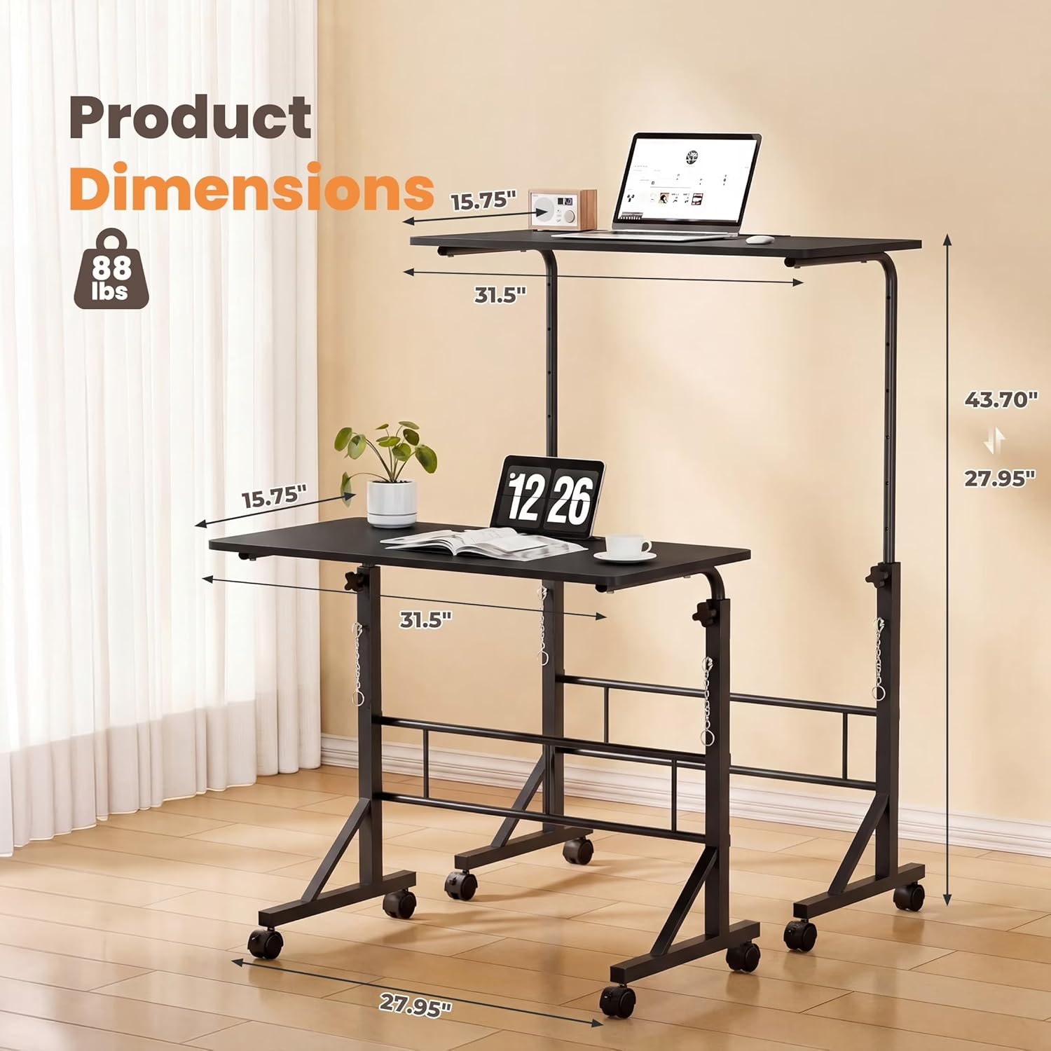 Dual Desktop Height Adjustable Rolling Desk with Wheels, Treadmill Desk for Walking Pad, Mobile Computer Table with Cup Holder for Home Office Bedroom Living Room, Black