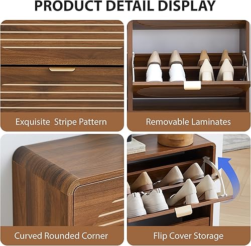 Miniatura 3 de Armario estrecho de almacenamiento de zapatos para entrada con 4 cajones abatibles, armario de zapatos de borde curvado con panel de rayas