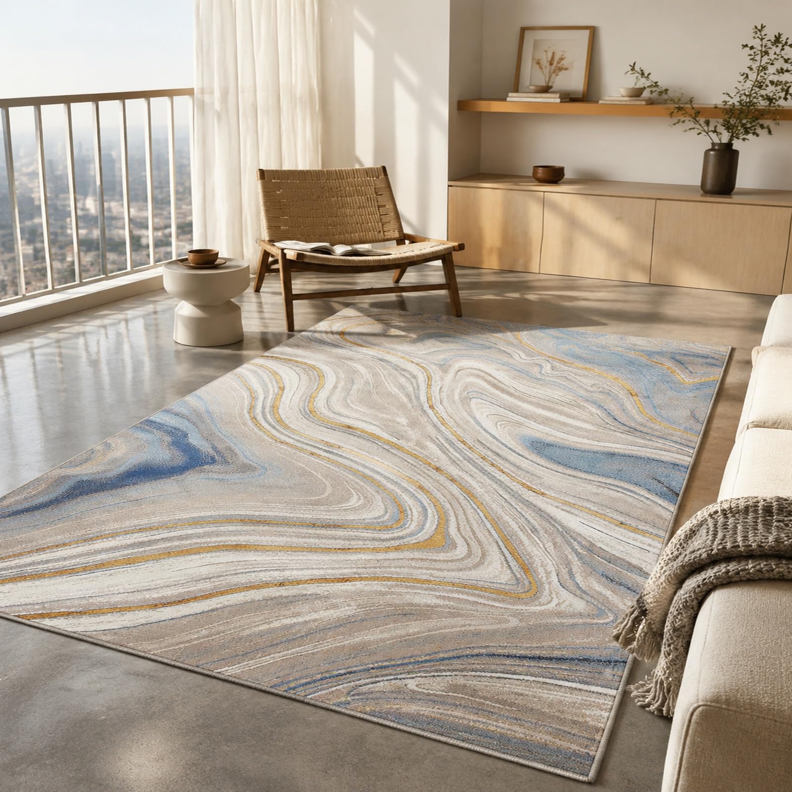 Grand tapis de salon moderne jaune et bleu pour sublimer votre canapé