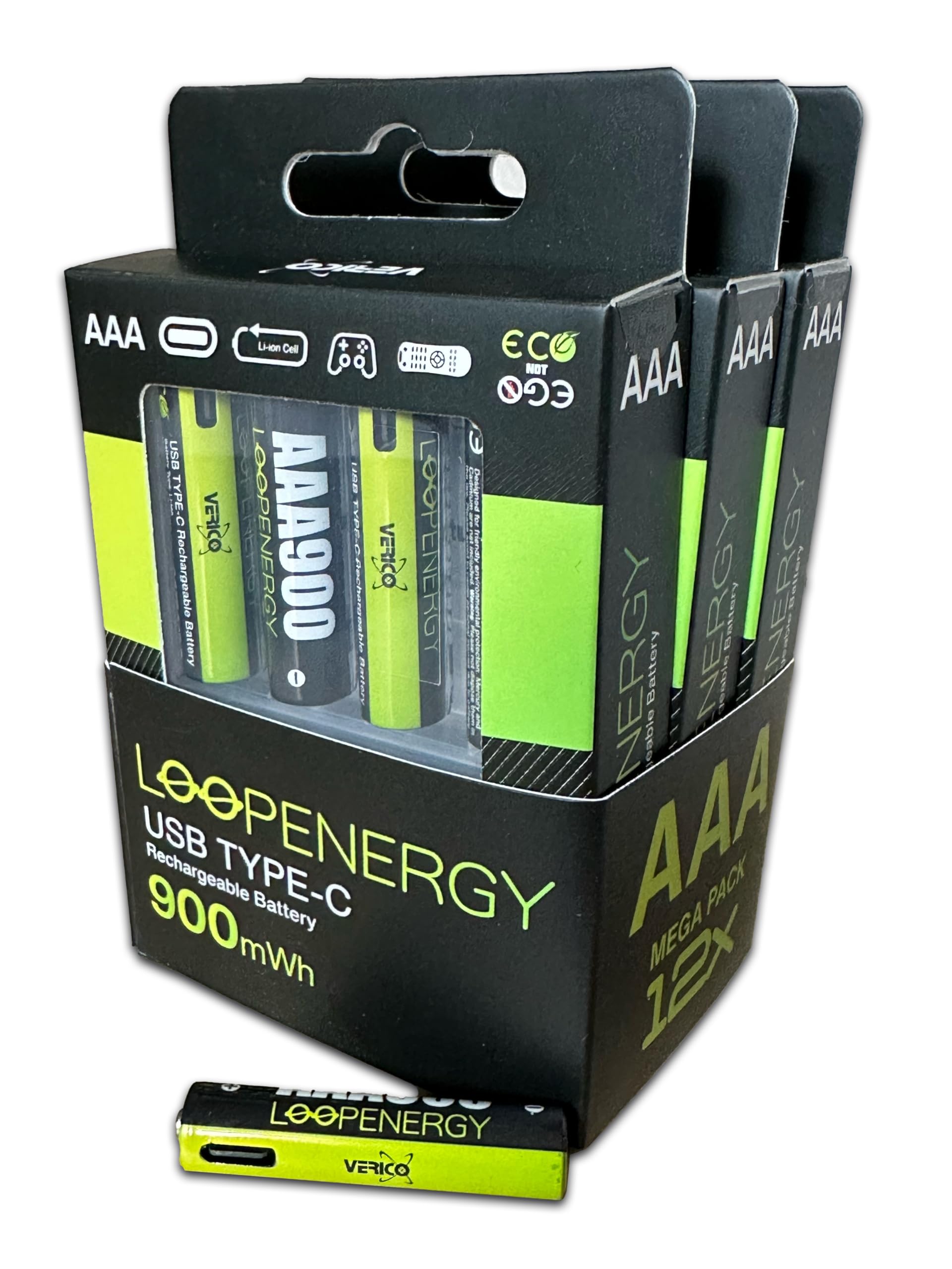 VERICO LoopEnergy AAA 900 - Batteria ricaricabile USB-C AAA 1,5 V, 900 mWh (600 mAh), ricarica rapida tramite connettore USB-C in circa 2 ore, confezione da 12 AAA, 3 cavi da USB-A a 4 USB-C