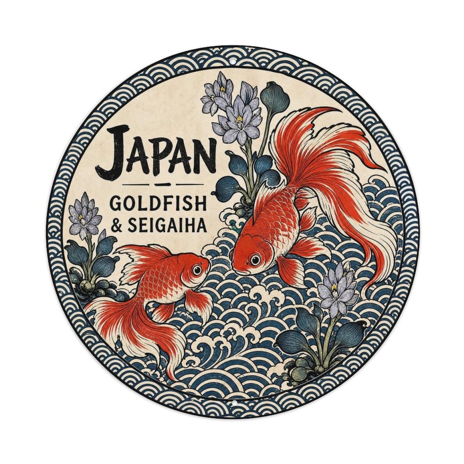 Olyhtr 8X8inch Classic Style Edo Japan Goldfish Seigaiha Ceramic Folk Pattern Metal Tin Sign