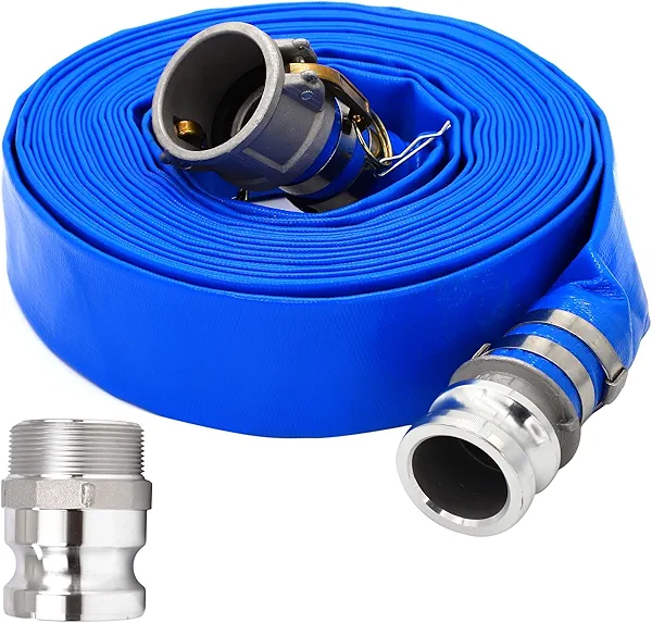 Pool Pump Backwash Hose 1-1/2" x 100ft With Aluminum Camlock C & E Fittings, Cam Lock Fitting Type F included, Heavy Duty Reinforced PVC Lay Flat Discharge Hose Assembly