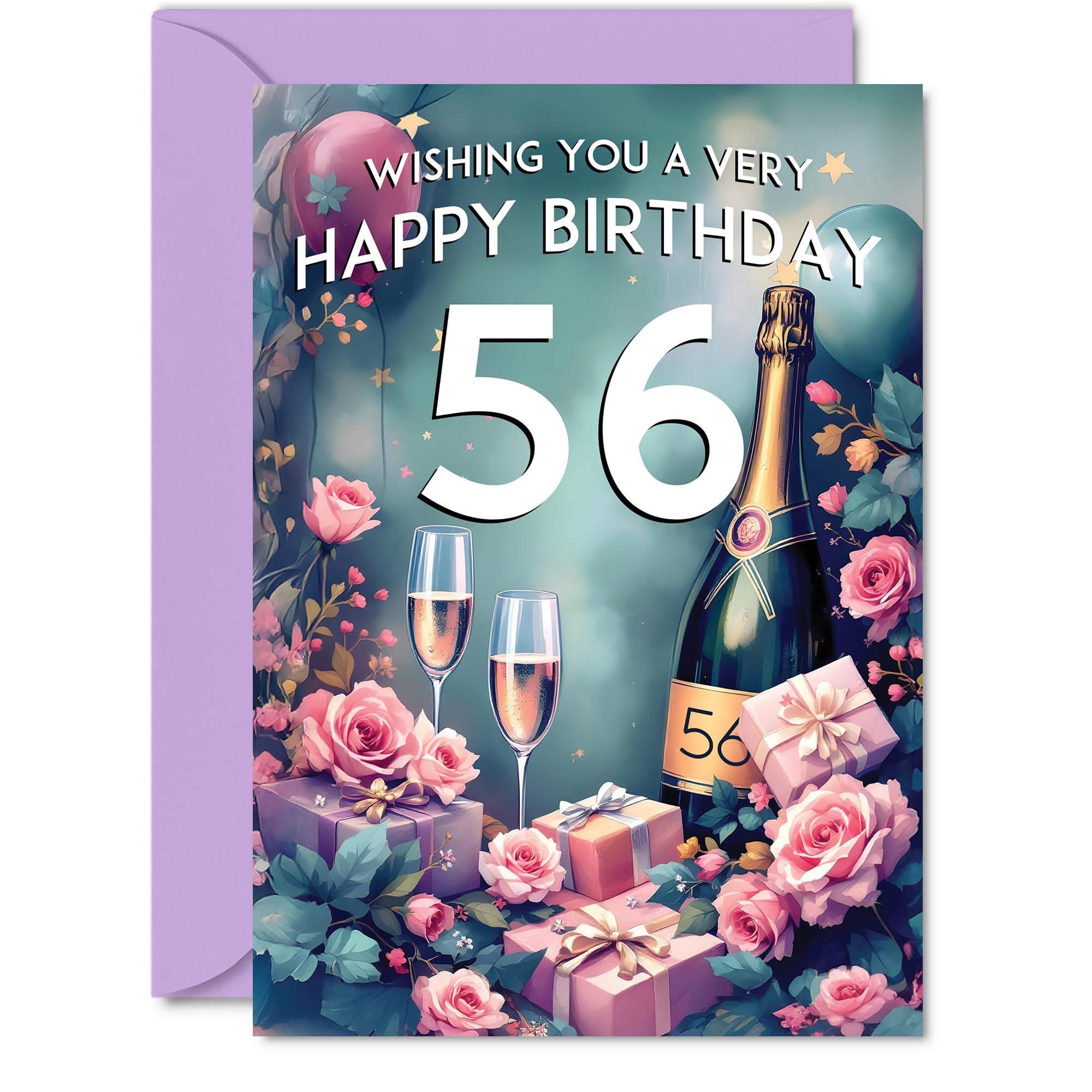 56th Birthday Card - Pink Presents Champagne Bottle - Gorgeous Pretty Beautiful Birthday Cards for 56 Year Old Woman Women, A5 Greeting Cards Gift