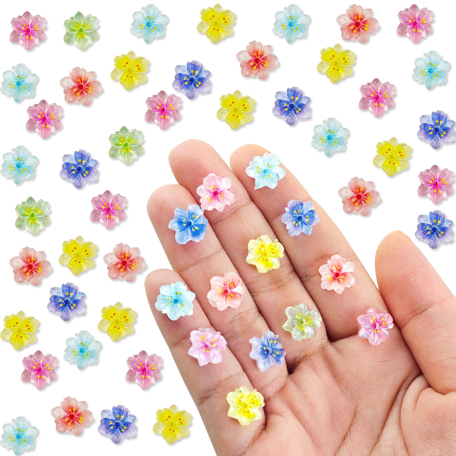 WOZADU 100 PCS Tiny Sakura for Crafts Luminous Mini Resin Sakura Dollhouse Miniatures Mini Flowers for Fairy Garden Micro Landscaping Decoration