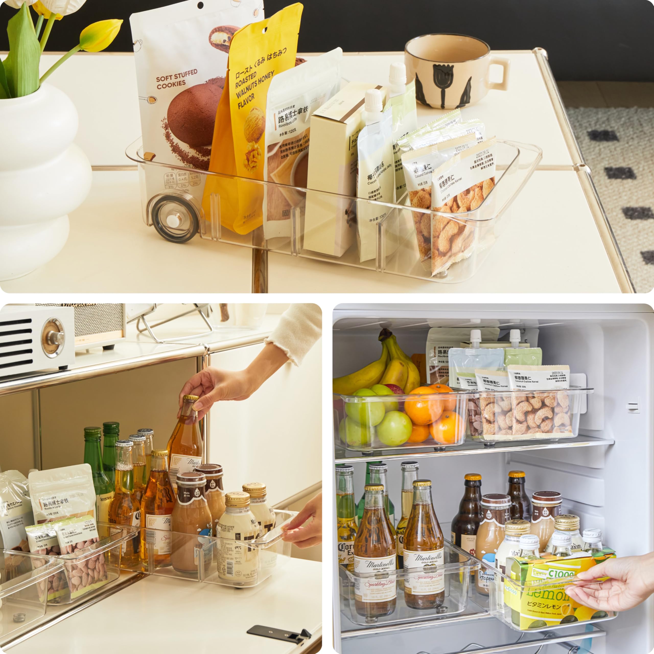 Kühlschrank-Organizer mit Rollen, 2 Stück, ausrollbare Kühlschrank-Organizer und Aufbewahrung, Kühlschrankschublade mit Trennwänden, dicke Kunststoff-Aufbewahrungskörbe, Küchenorganisation