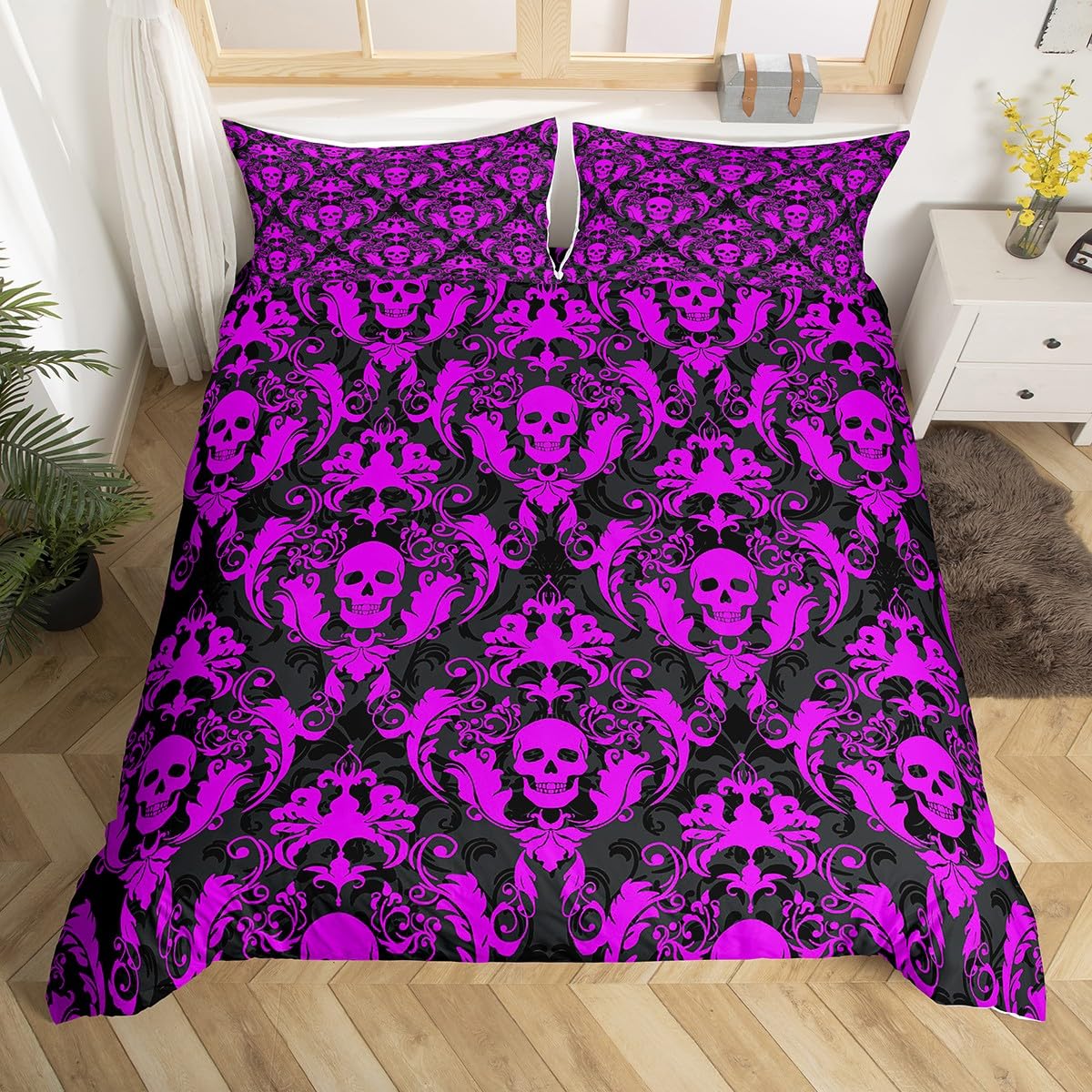 richhome Sugar Skull Bedding Set for Kids Boys Girls Purple Black Damask Floral Comforter Cover Double Size Vintage Jacquard Duvet Cover Bedroom Decor Soft Microfiber Exotic Floral 3Pcs โ image 1