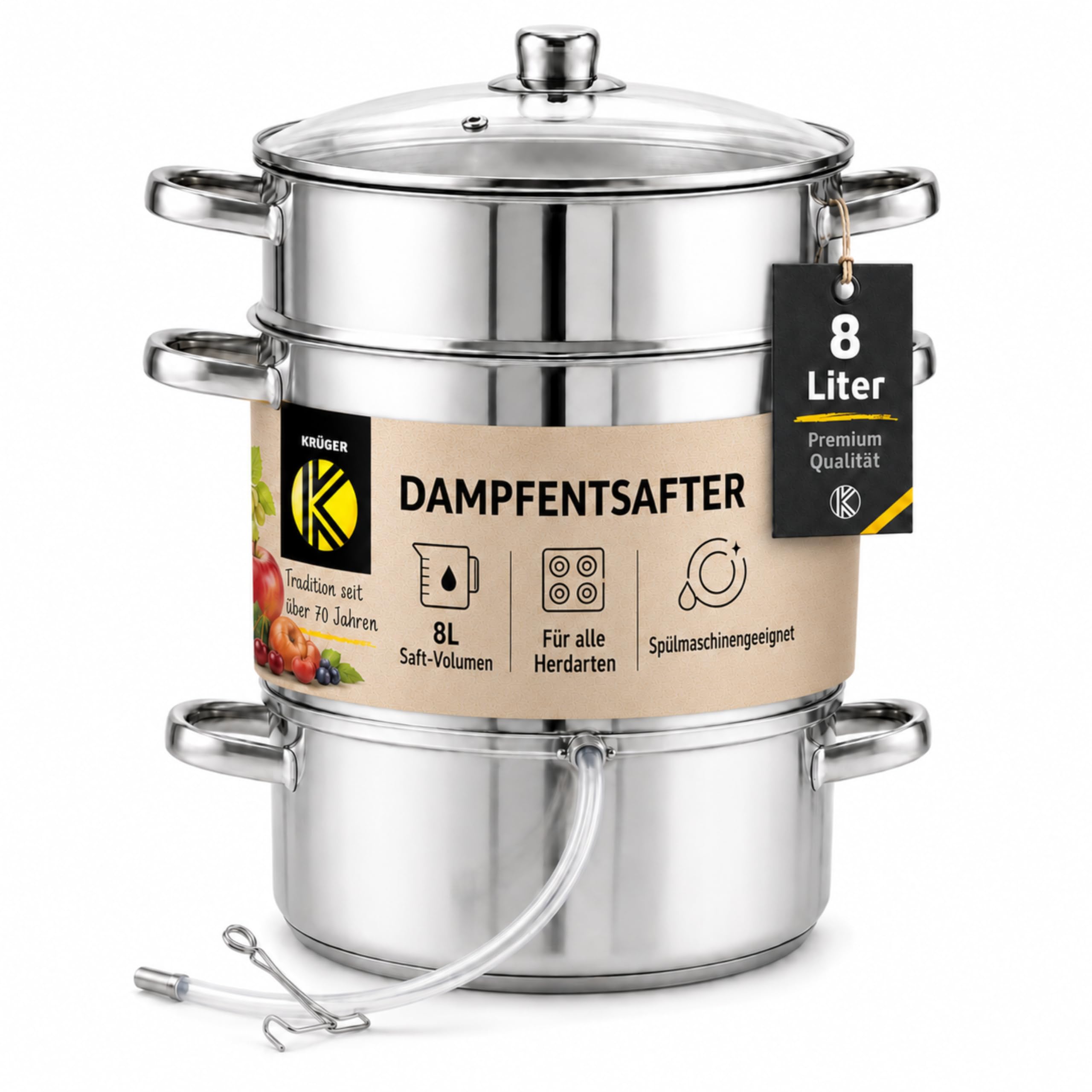 Krüger Edelstahl Dampfentsafter Mainau mit Glasdeckel Ø 26 cm (8 L) | PFAS-frei & unbeschichtet | Mit Glasdeckel, Ablaufschlauch & Kapselboden | Induktionsgeeignet | Für Saft, Gelee & Sirup