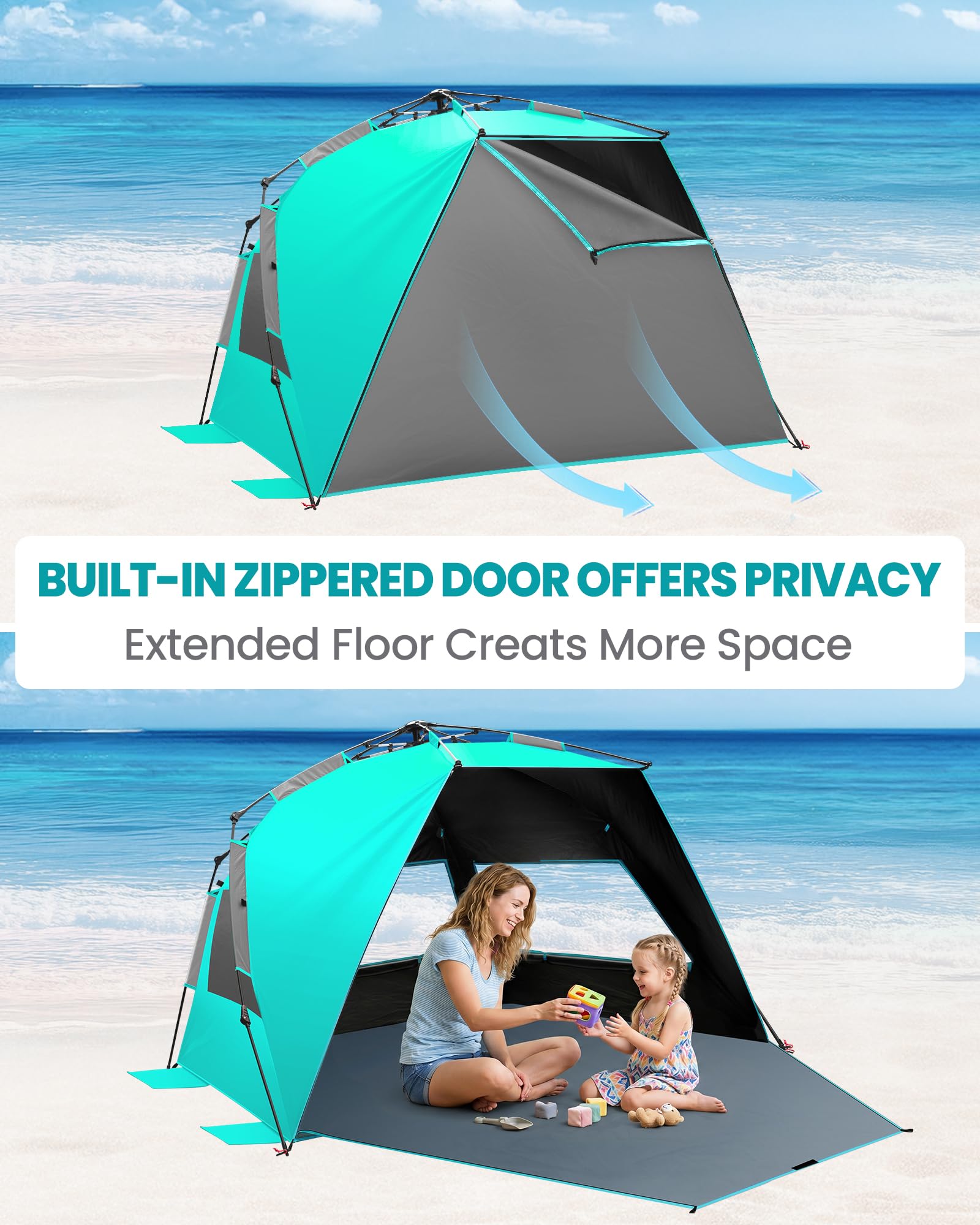 OutdoorMaster Tente de Plage avec Technologie d'abri Sombre, Pare-Soleil Portable pour 4 à 6 Personnes avec Protection UV UPF 50+, Installation Facile, Taille familiale