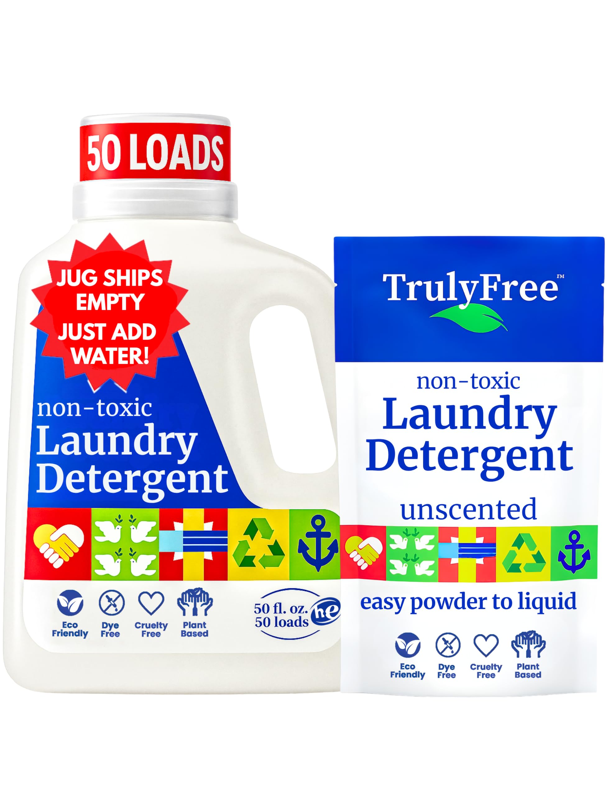 Truly Free Laundry Wash Detergent for Sensitive Skin, Gentle & Safe for Baby Clothes | Plant-Based, Natural Ingredients | Unscented | Include 1 Refillable Bottle (50 Loads)