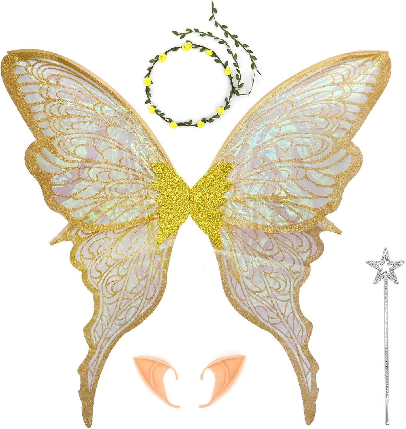 (Incomplete)Large Fairy Wings for Adults, 32\"x30\" Oversized Sparkly Organza Butterfly Wings Costume for Women, Cosplay, Parties Gold