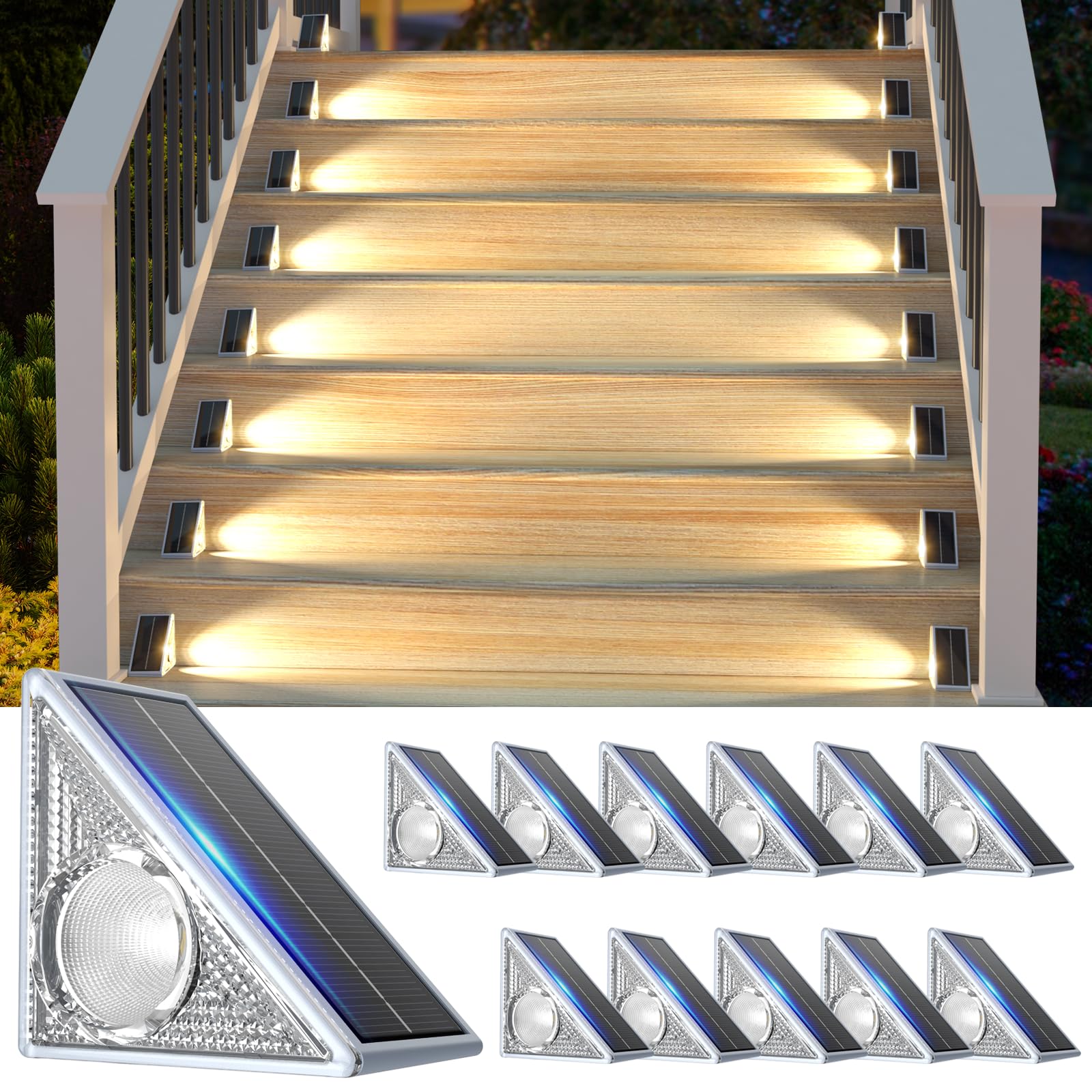 Eyrosa Lot de 12 lampes solaires d'extérieur à 10 modes d'éclairage - Étanche IP67 - Lampes solaires décoratives pour escalier, terrasse, jardin, cour, porche, terrasse - Gris