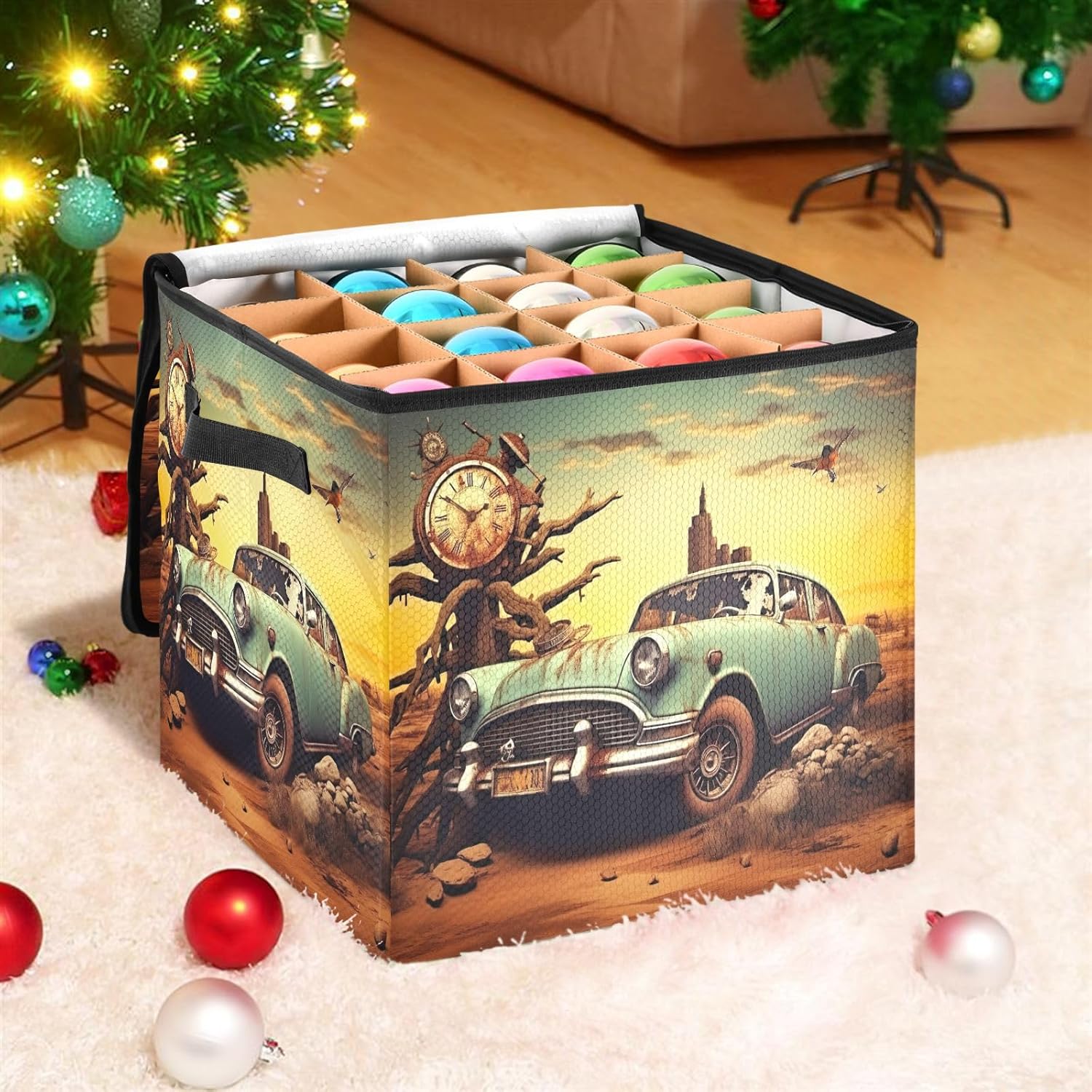 Old Rusted Car 13 Inch Christmas Ornament Storage Box with Lid - Holiday Decor Storage Containers, Stores 64 Ornaments, 3 Inch Cube Compartments