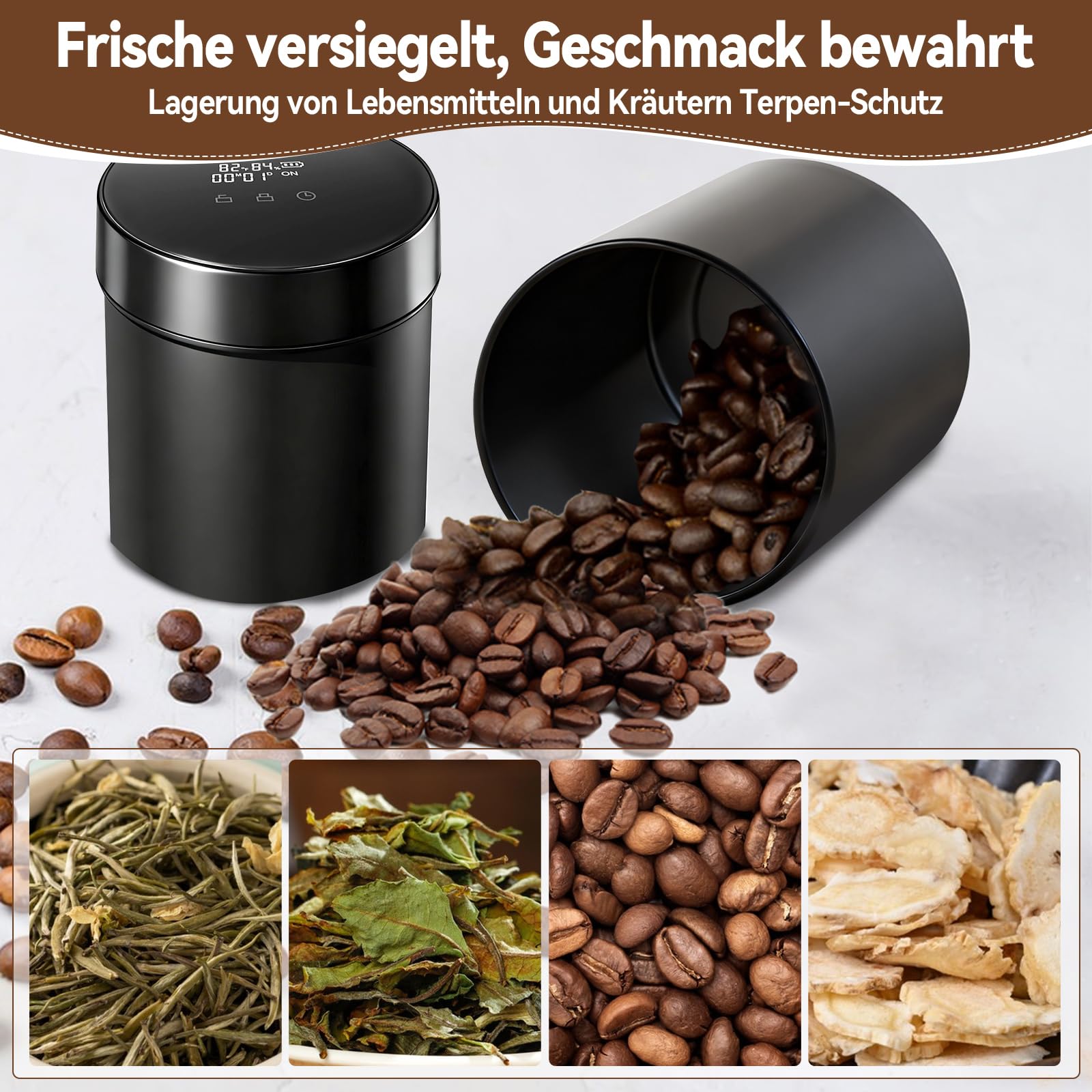 Smart Jar 1800ml 500ml Auto-Vakuum-Kaffeedose Ein-Klick Luftabsaugung Edelstahl für Kräuter, Pilze, Kaffee, Gewürze, Blumen, Luftdichte Aufbewahrung