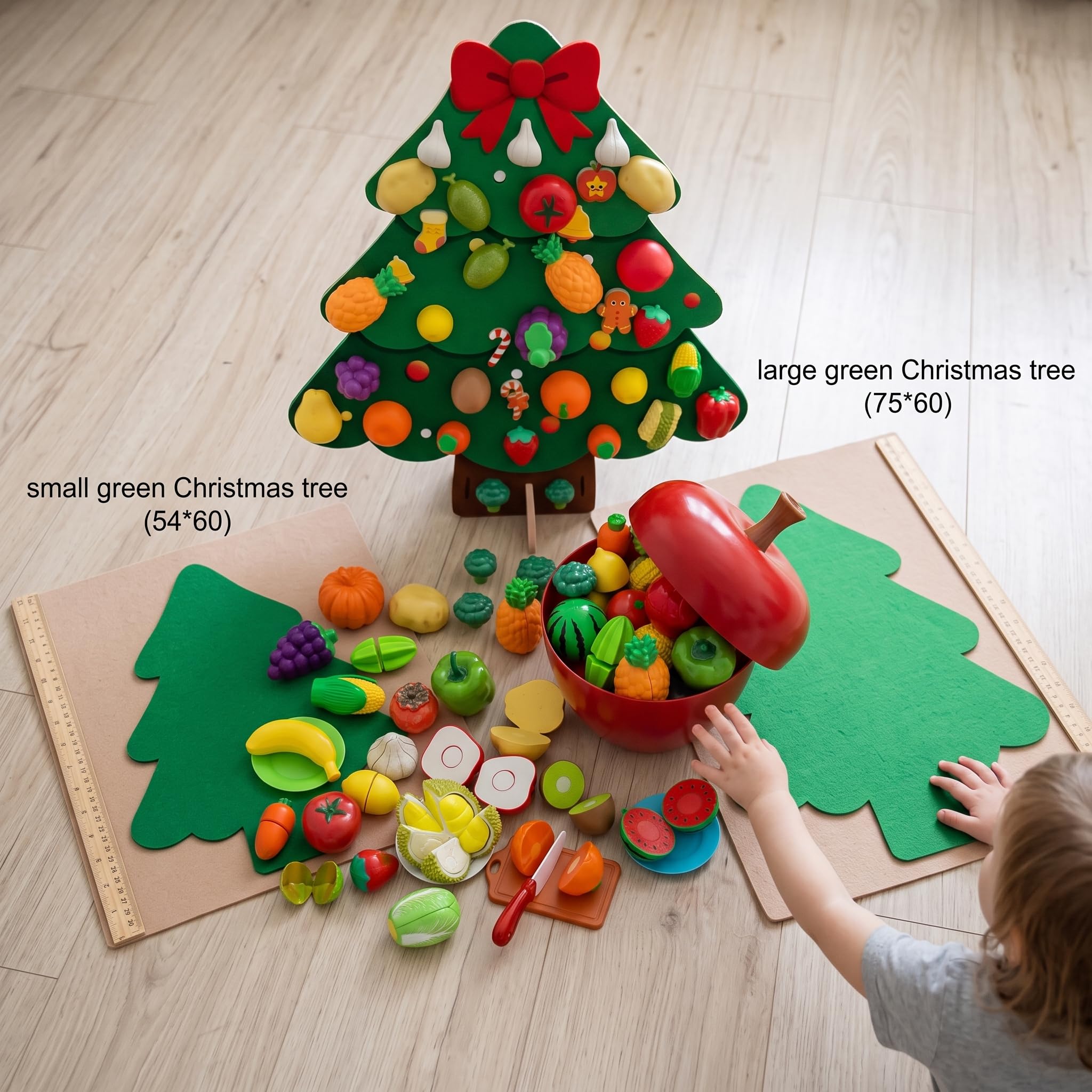 Filz Busyboard für s und, Pädagogisches Lernspielzeug und tafel, mit Obstmotiv, Grüner großer Weihnachtsbaum + 32 Apfel-Eimer-Schneidespielzeuge, 75 * 60 cm