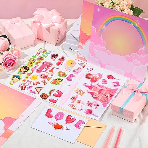 Miniatura 3 de 24 calcomanías para el día de San Valentín para niños, haz tus propias calcomanías con cartón de escena de Sweet House con corazón, cupido, elfo,