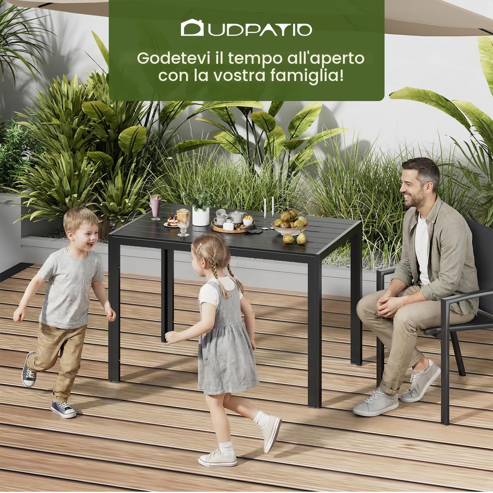 UDPATIO Tavolo da Giardino in Alluminio, 110x70x74 cm Tavolo da Esterno Rettangolare con Venatura Legno, 4-6 Posti, Resistente alle Intemperie per Terrazza e Balcone, Nero + Grigio Scuro
