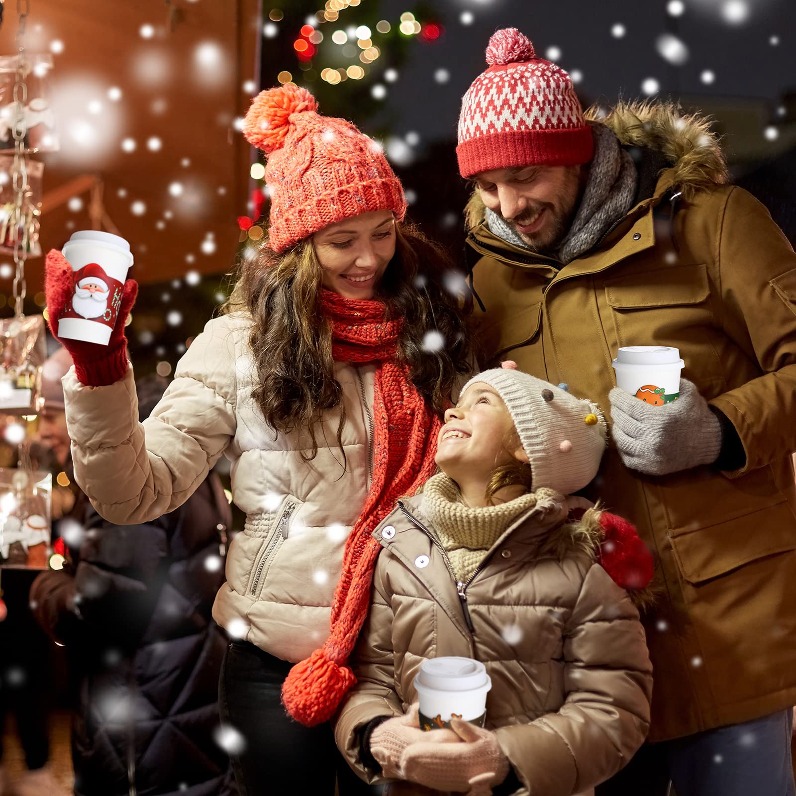 Faccito 48 Pièces Manchons de Tasse de Thé Café de Noël Manchons Jetables en Papier Ondulé pour Gobelet de 12 oz et 16 oz Manches de Tasse de Père Noël Bonhomme de Neige (Tasses Non Incluses)