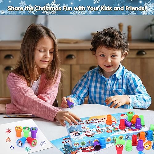 Miniatura 7 de GWHOLE Juego de 24 sellos de tinta para calendario de Adviento navideño, juego de 24 sellos de tinta con temática navideña para niños pequeños